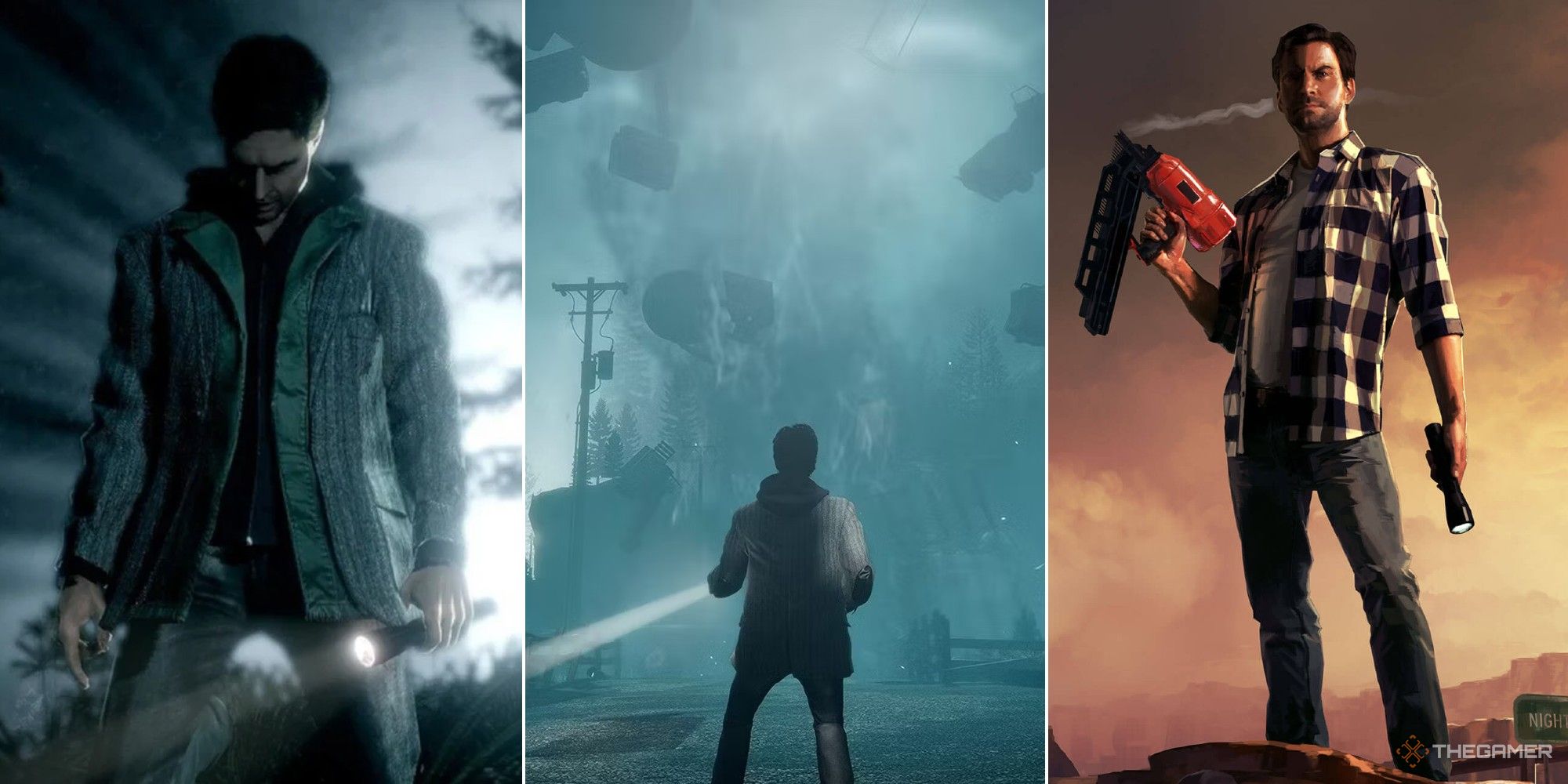 Collage showing Alan Wake from the front, the back and in American Nightmare