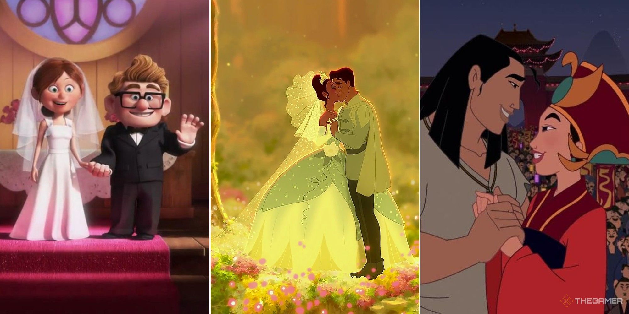 Collage showing disney weddings from movies Up, Princess and the Frog and Mulan II