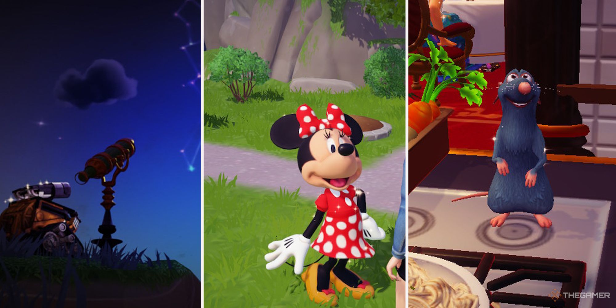 Combined images of WALL-E, Minnie Mouse, and Remy in Disney Dreamlight Valley
