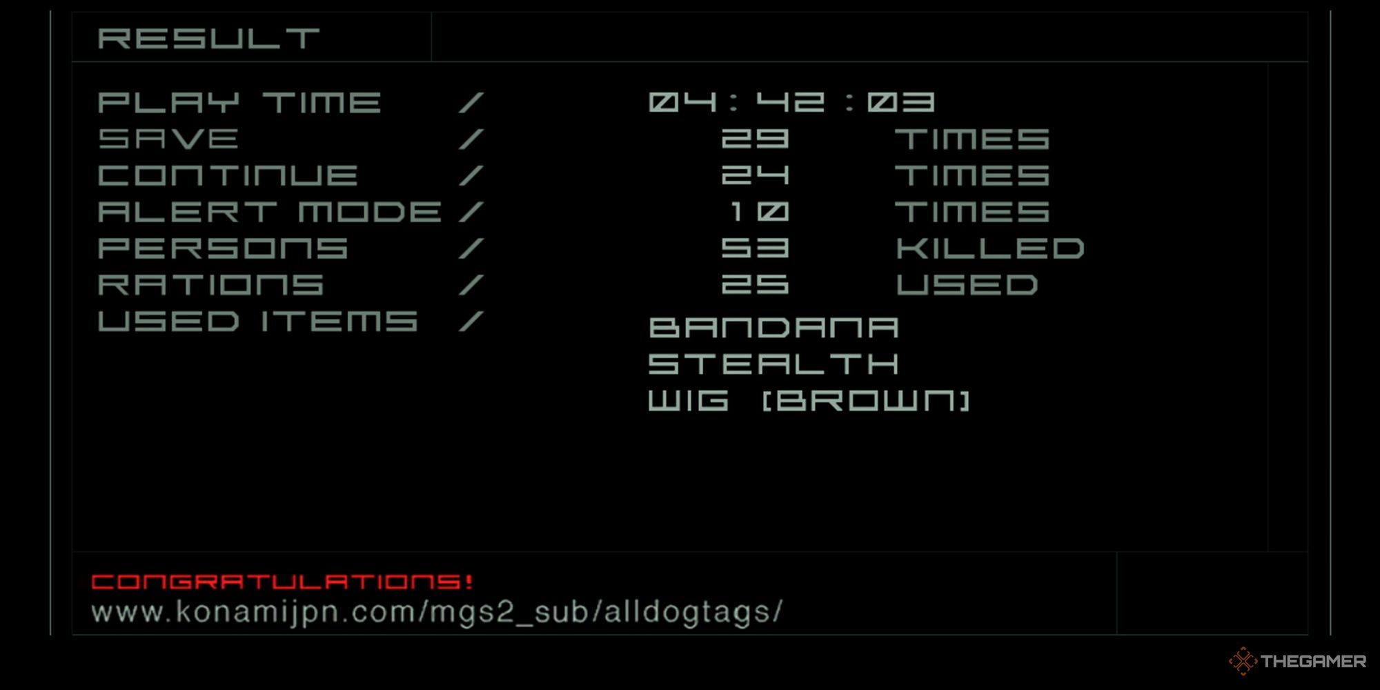 The end results screen of Metal Gear Solid 2 showing the Congratulations URL