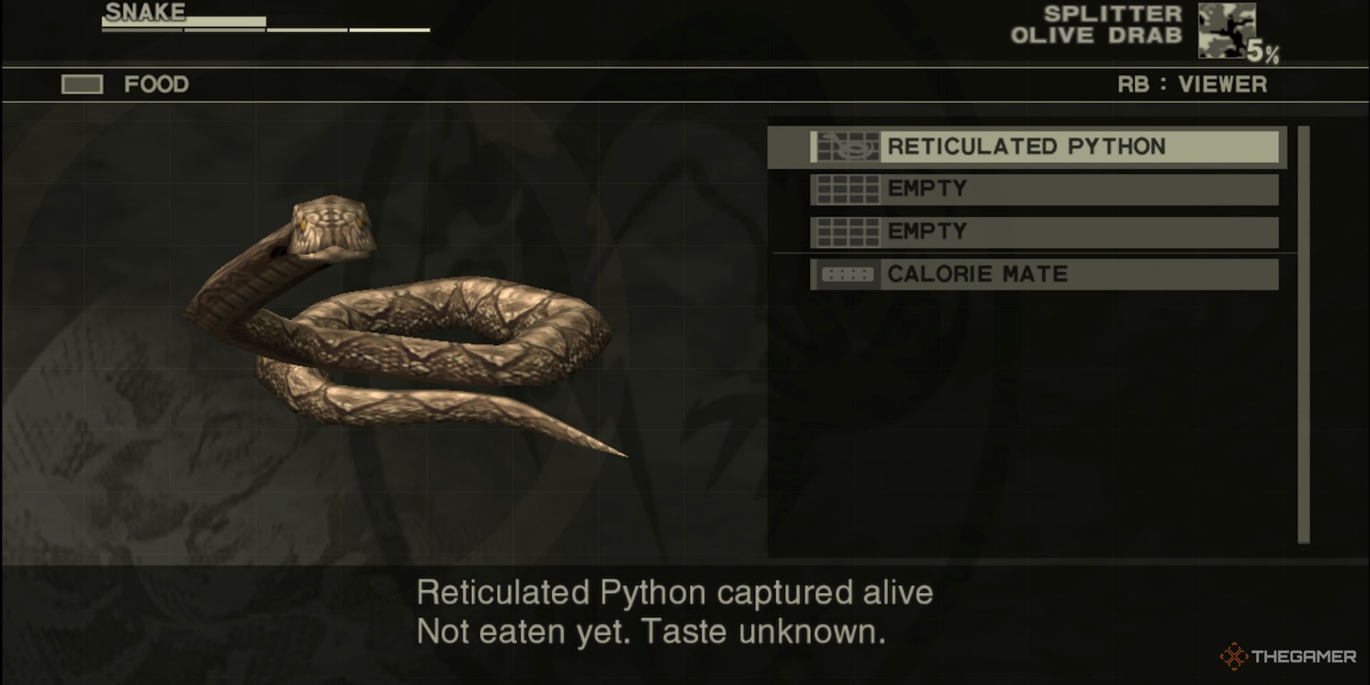 Eine gefangene Python in Metal Gear Solid 3 Snake Eater