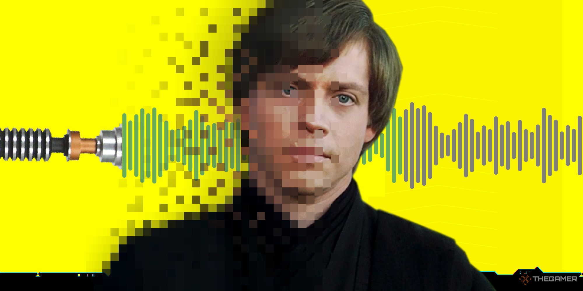 Ein Bild von Luke Skywalker aus „The Book of Boba Fett“, halb verpixelt.  Er steht vor einem gelben Hintergrund mit Schallwellen darüber