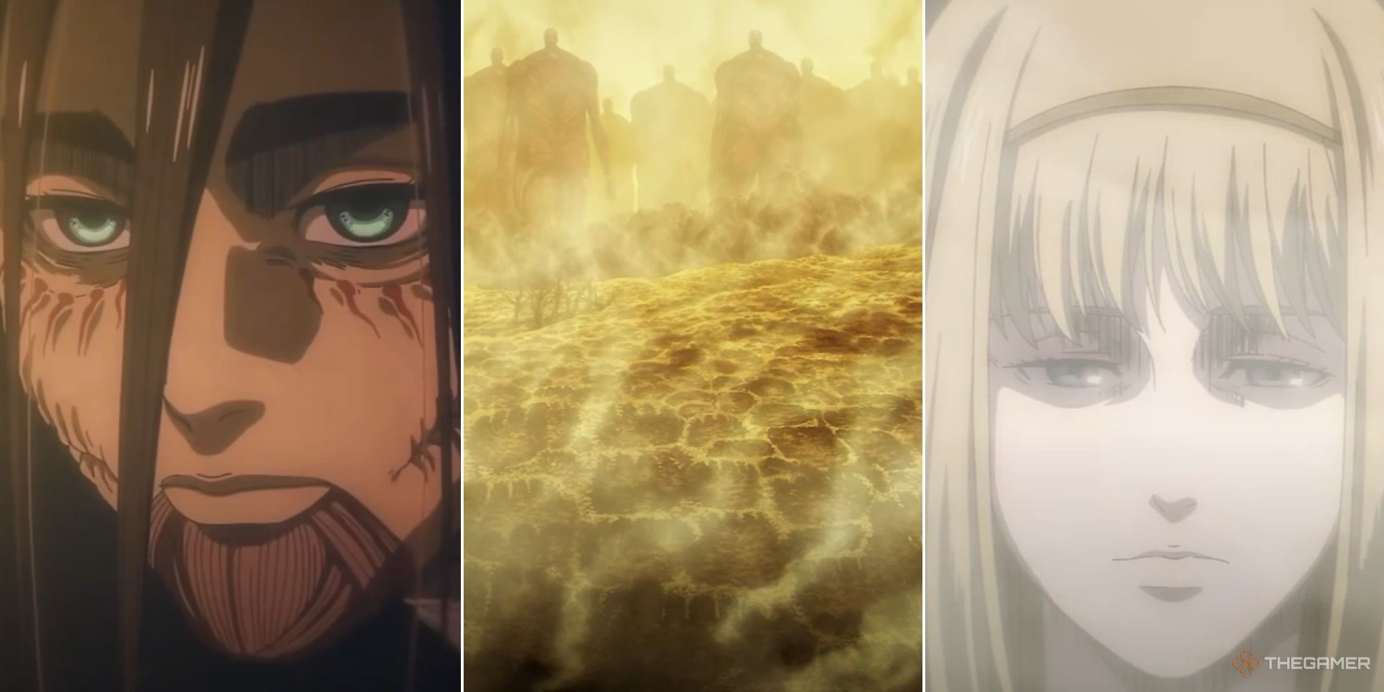 Attack on Titan collage showing Eren, an army of colossal titans marching to the horizon, and Ymir