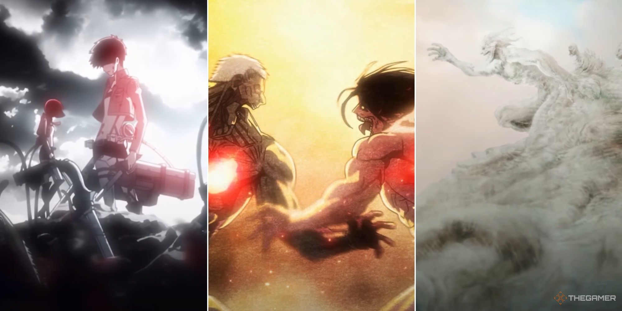 Attack on Titan collage showing moments from opening movies, with the main cast, eren punching reiner, and eren on top of a mountain