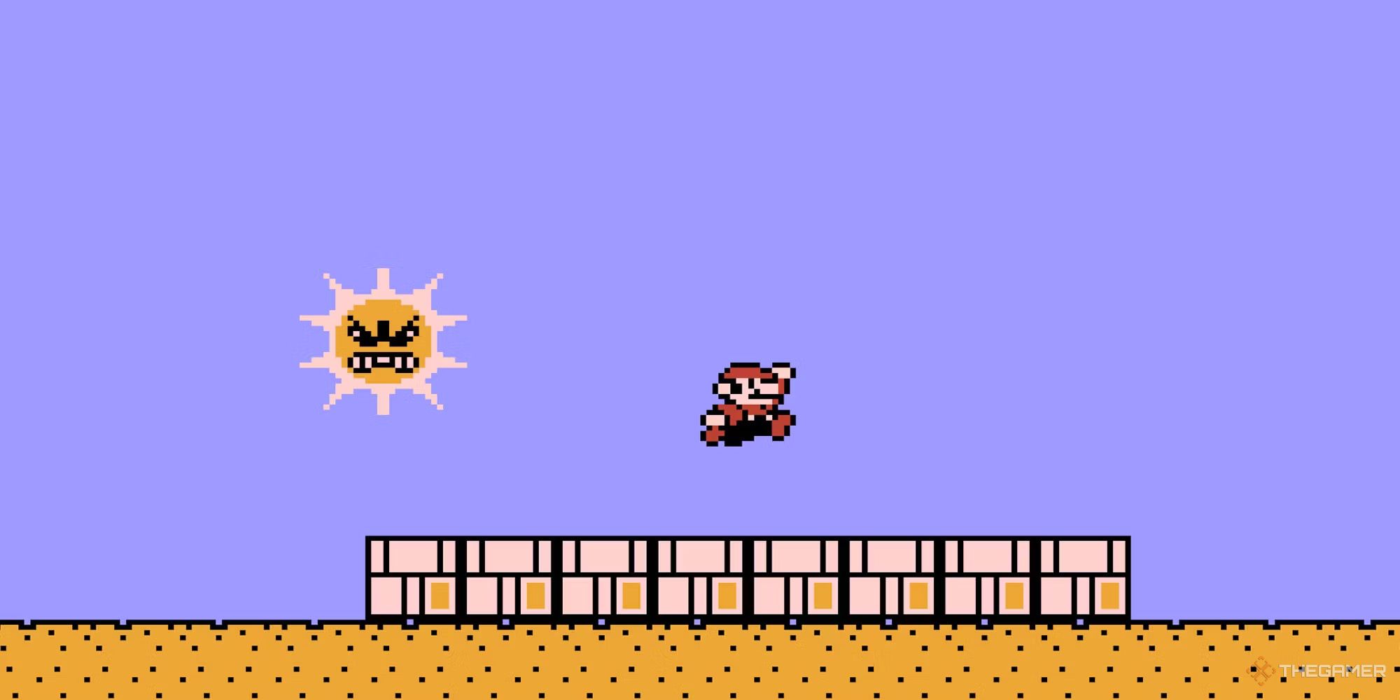 Super Mario Bros 3 (Mario 3) - Mario running away from aan angry sun in World 2 - Desert