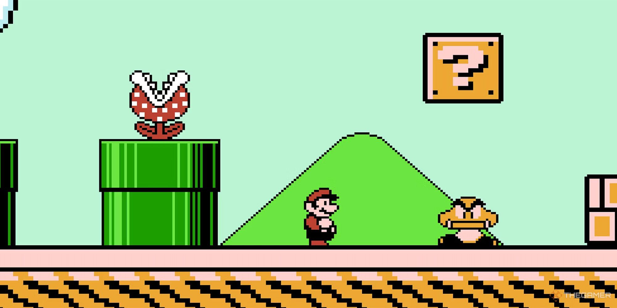 Super Mario Bros 3 - Mario standing next to a giant Goomba and Piranha Plant in Giant Land
