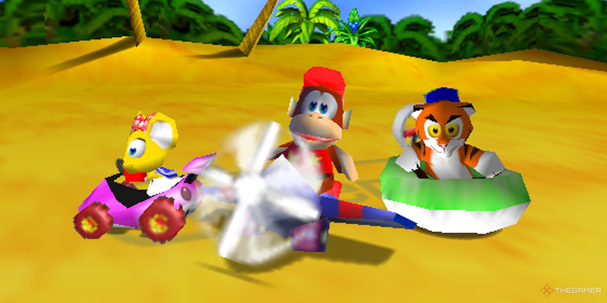 Diddy Kong Racing - Diddy, Timber, and Pipsy in their vehicles