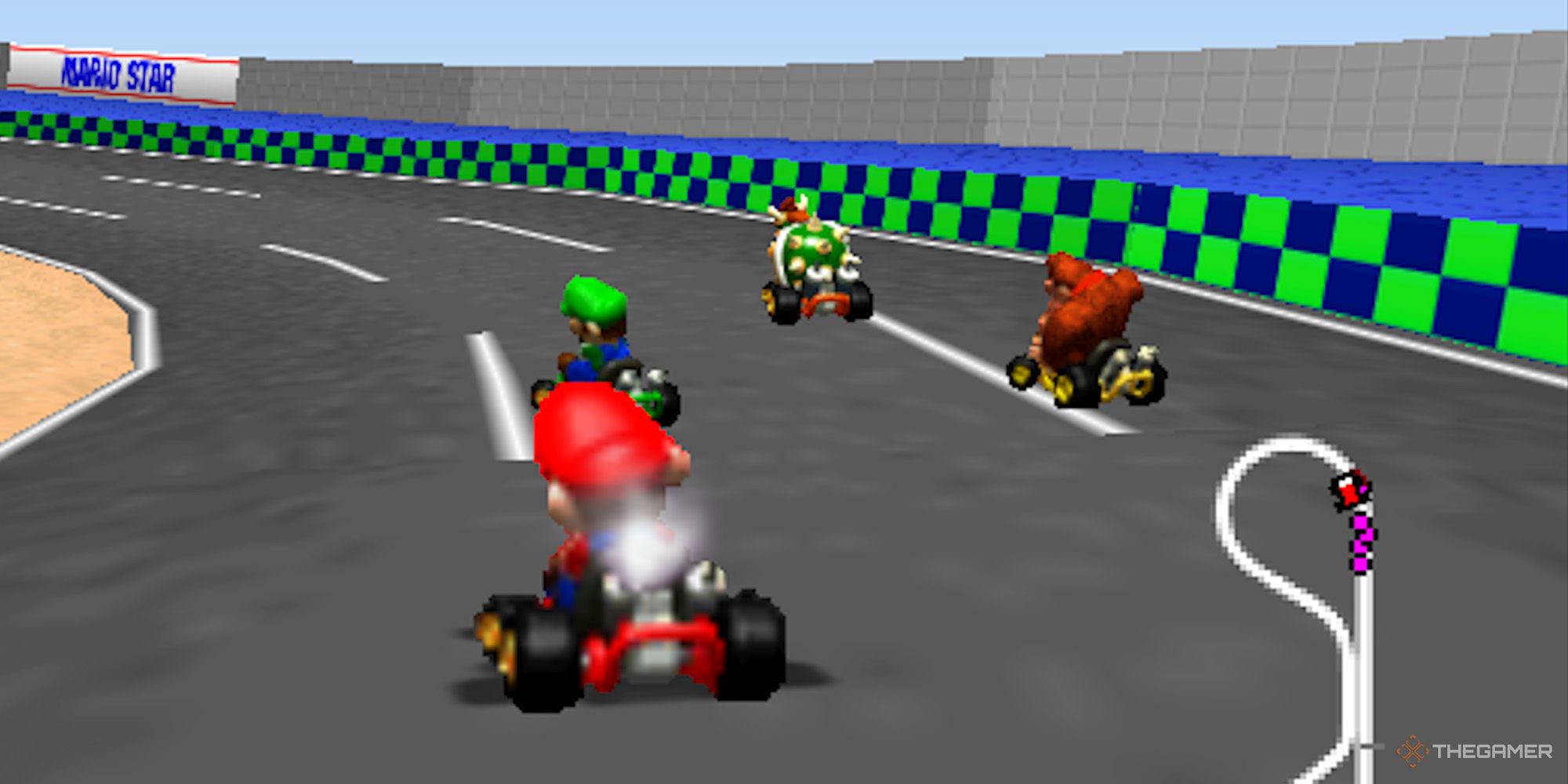 Mario Kart 64 - Mario, Luigi, Donkey Kong, and Bowser racing down the road