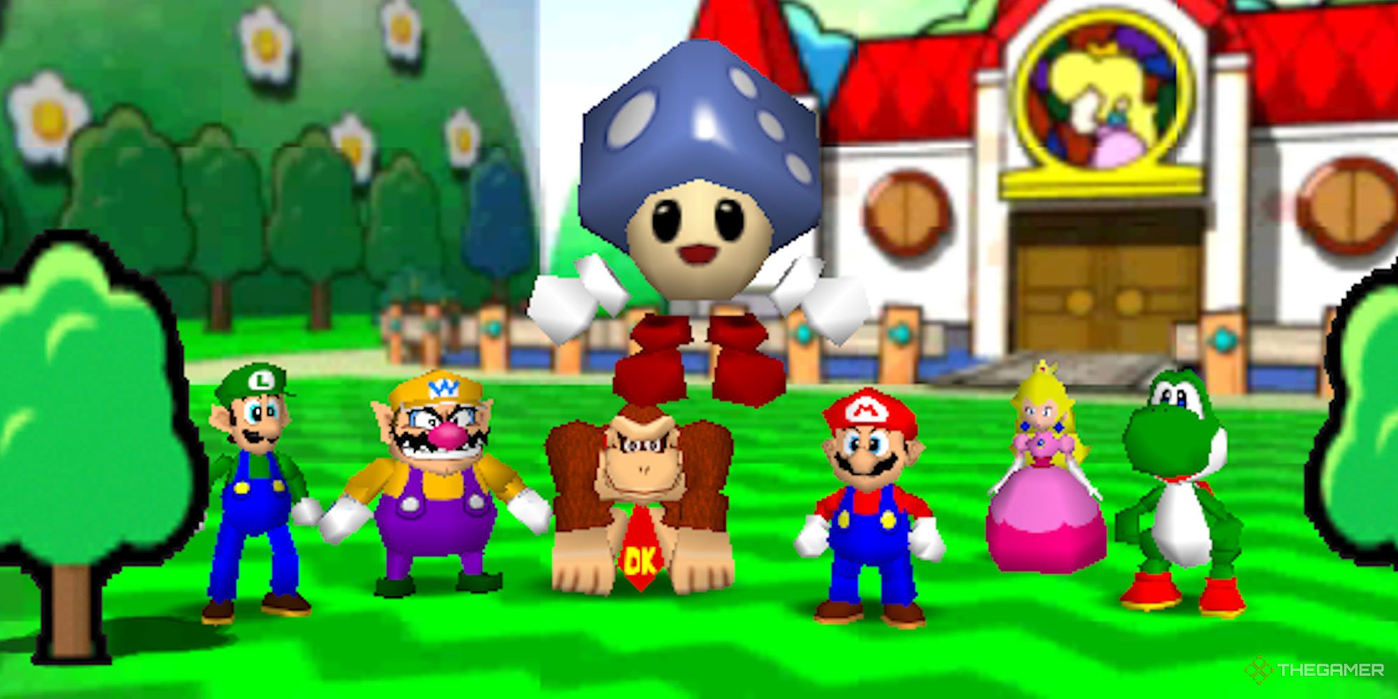 Mario Party 3 - Mario, Luigi, Peach, Wario, Donkey Kong, Peach, Yoshi, and Tumble standing in front of Peach's castle