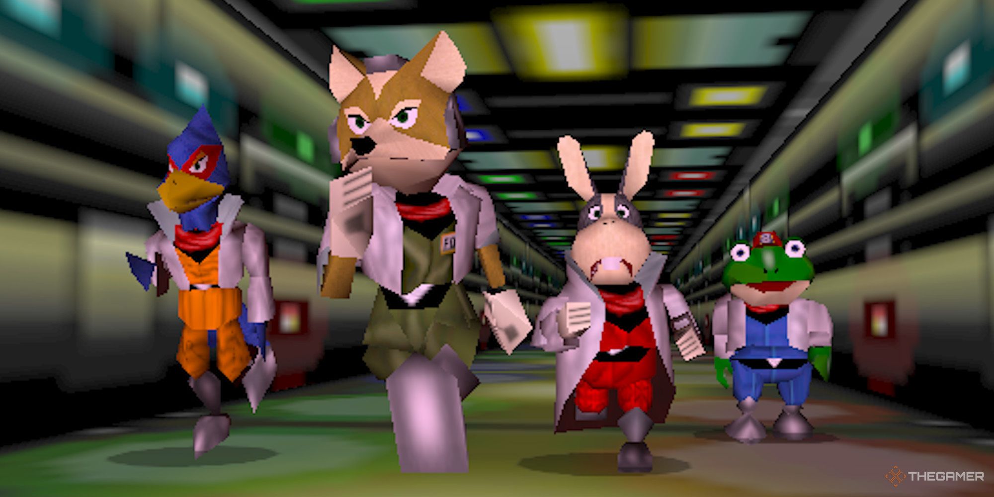 Star Fox 64 - Fox, Falco, Peppy and Slippy running through the Great Fox