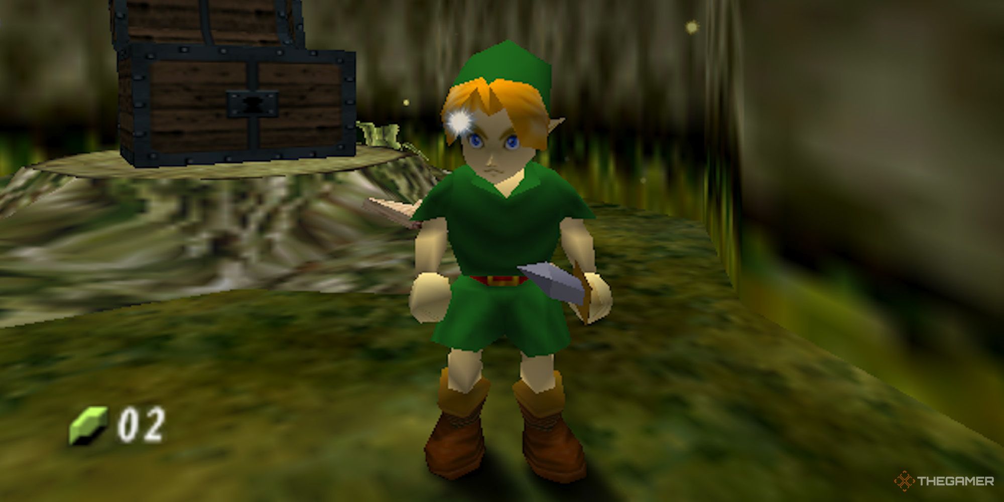 The Legend Of Zelda Ocarina Of Time - Link holding his sword in Kokiri Forest