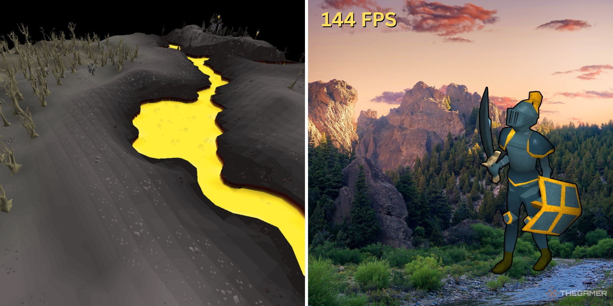 A split image of a lava river in the wilderness and a character in trimmed Rune armor in real-life wilderness.