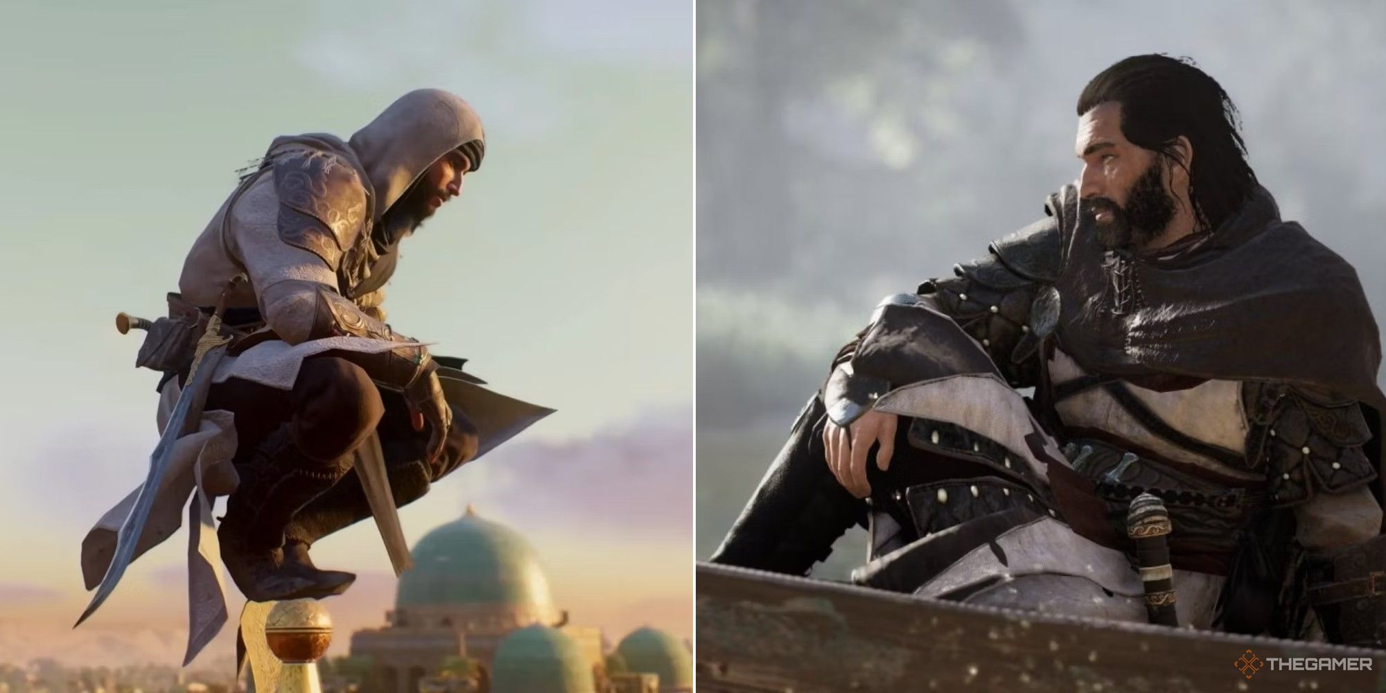 Collage aus Assassin's Creed, die Basim in Mirage und Walhalla zeigt