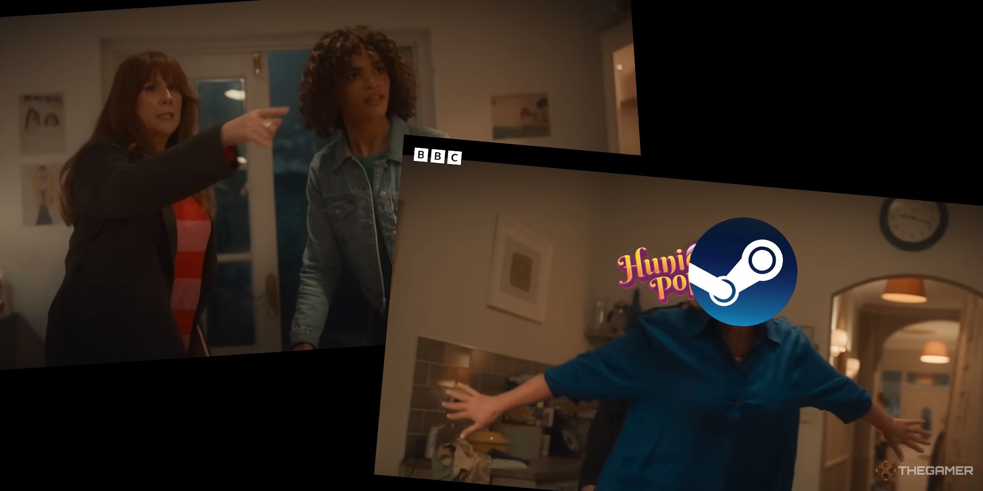 Doctor Who 60th anniversary trailer shot where Donna and Rose point at Donna's mum as she hides the 14th Doctor, but her mum has the Steam logo for a face and the 14th Doctor is Huniepop