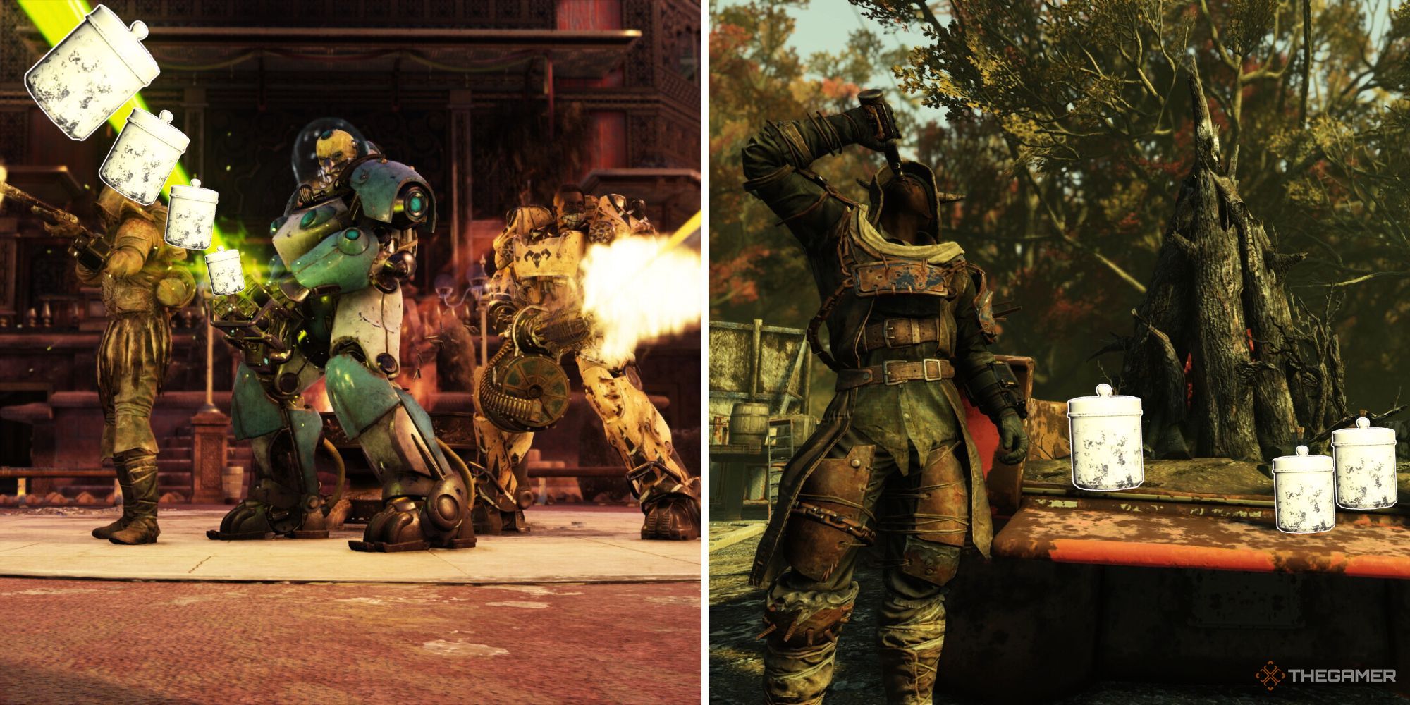 A split image of power armor users firing large plasma and kinetic weapons with sugar layered on top of a green laser stream, and a survivor drinking a beverage near a table with sugar on top of it.