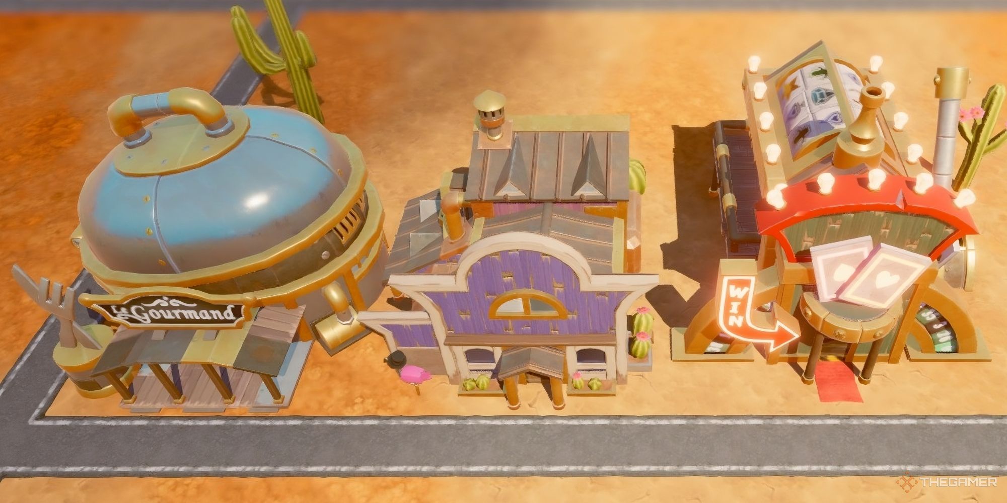 Feature Image showing the Fine Dining Restaurant, Aristobot Residential, and Casino in Steamworld Build