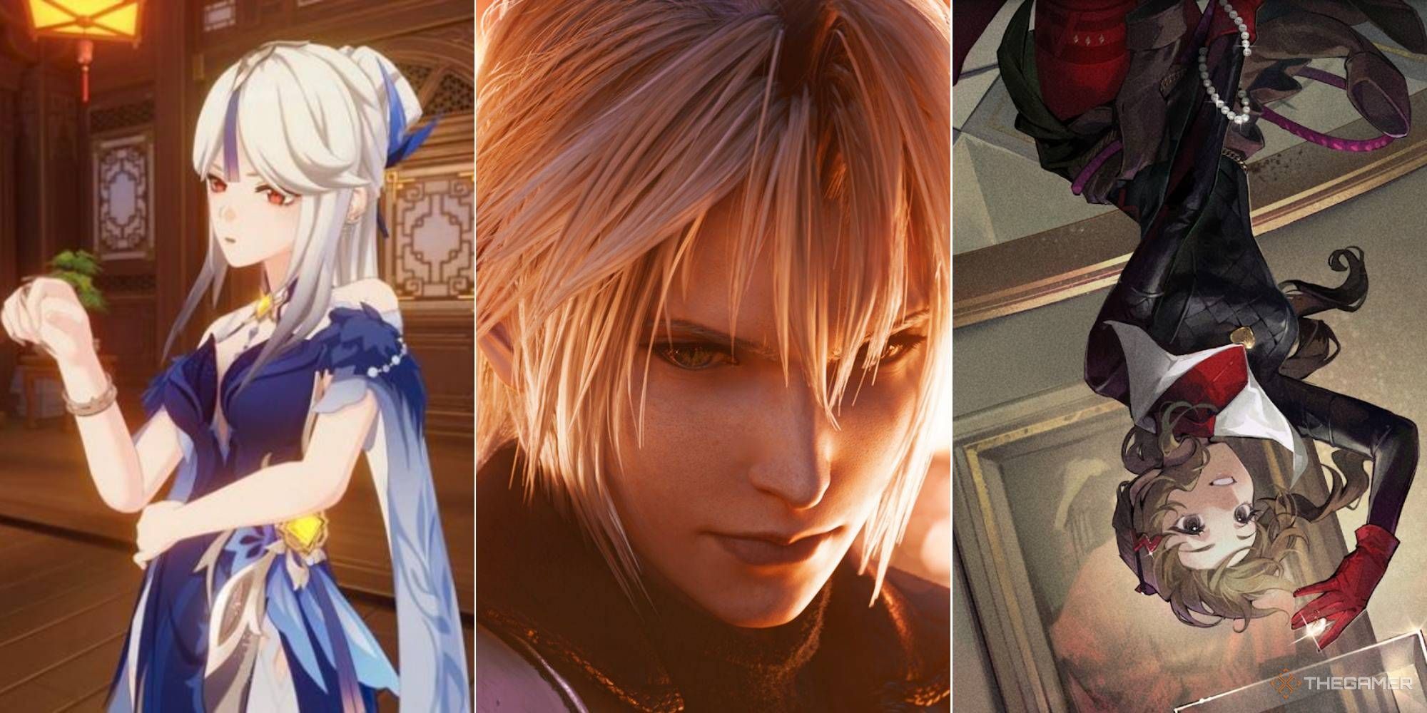A three-panel image showing, from left to right, Ningguang from Genshin Impact, young Sephiroth from Final Fantasy Ever Crisis, and Melania from Reverse: 1999