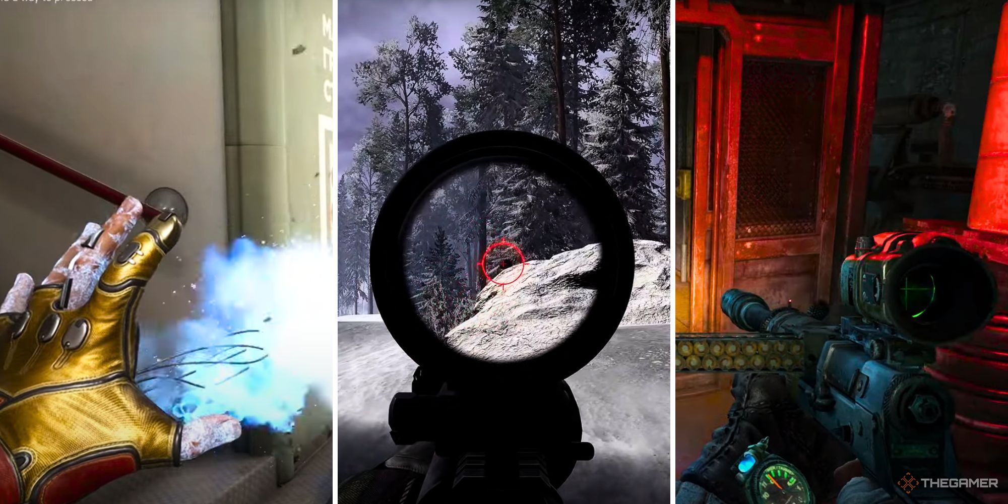 A split image of a gold-gloved hand spraying a cold mist, a weapon scope with a red crosshair in a snowy forest, and a post-apocalyptic looking SMG in a room lit by red light.