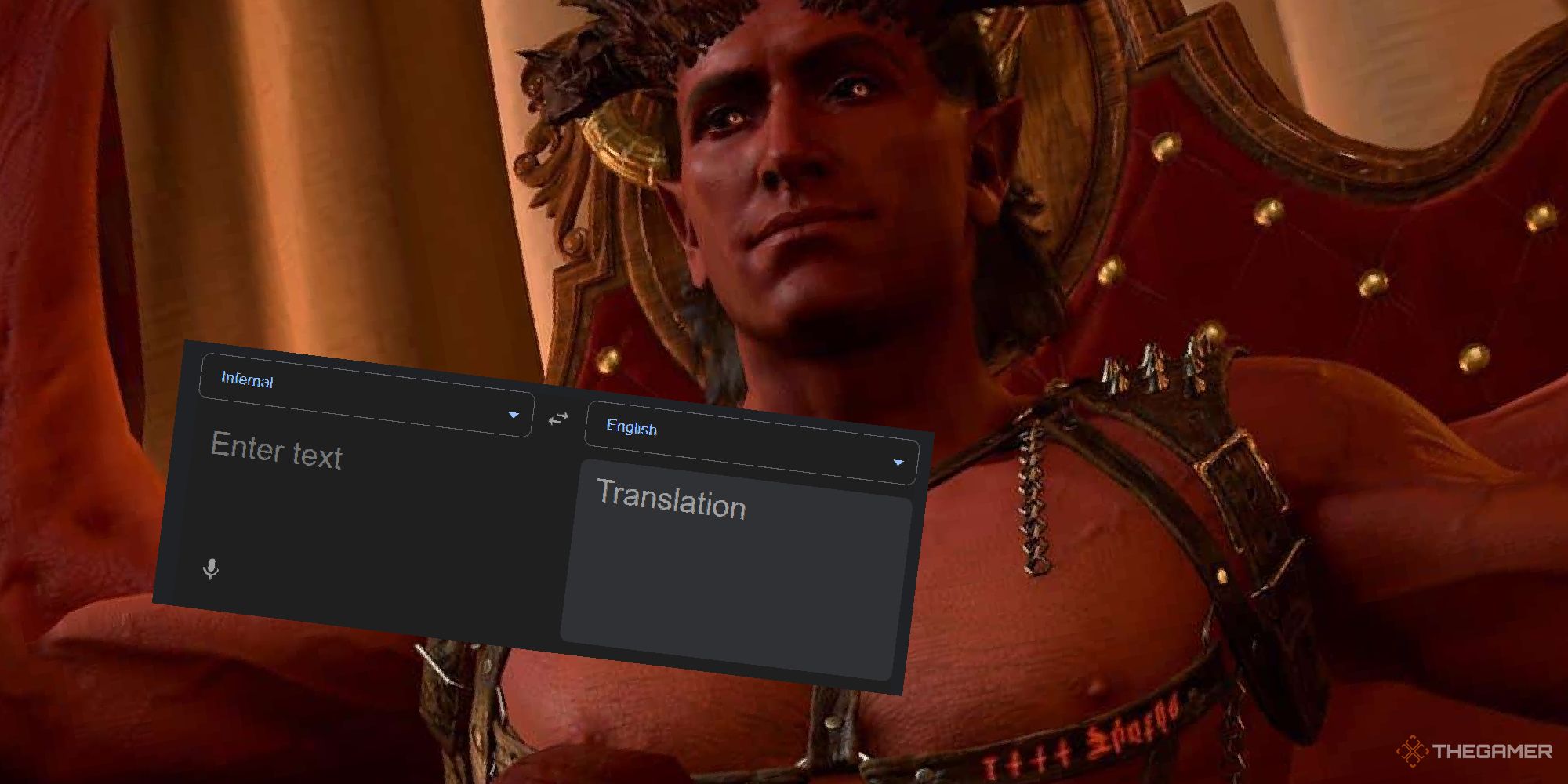 Harleep from Baldurs Gate 3 sitting on a throne in lingerie with a Google Translate box on top, translating Infernal to English