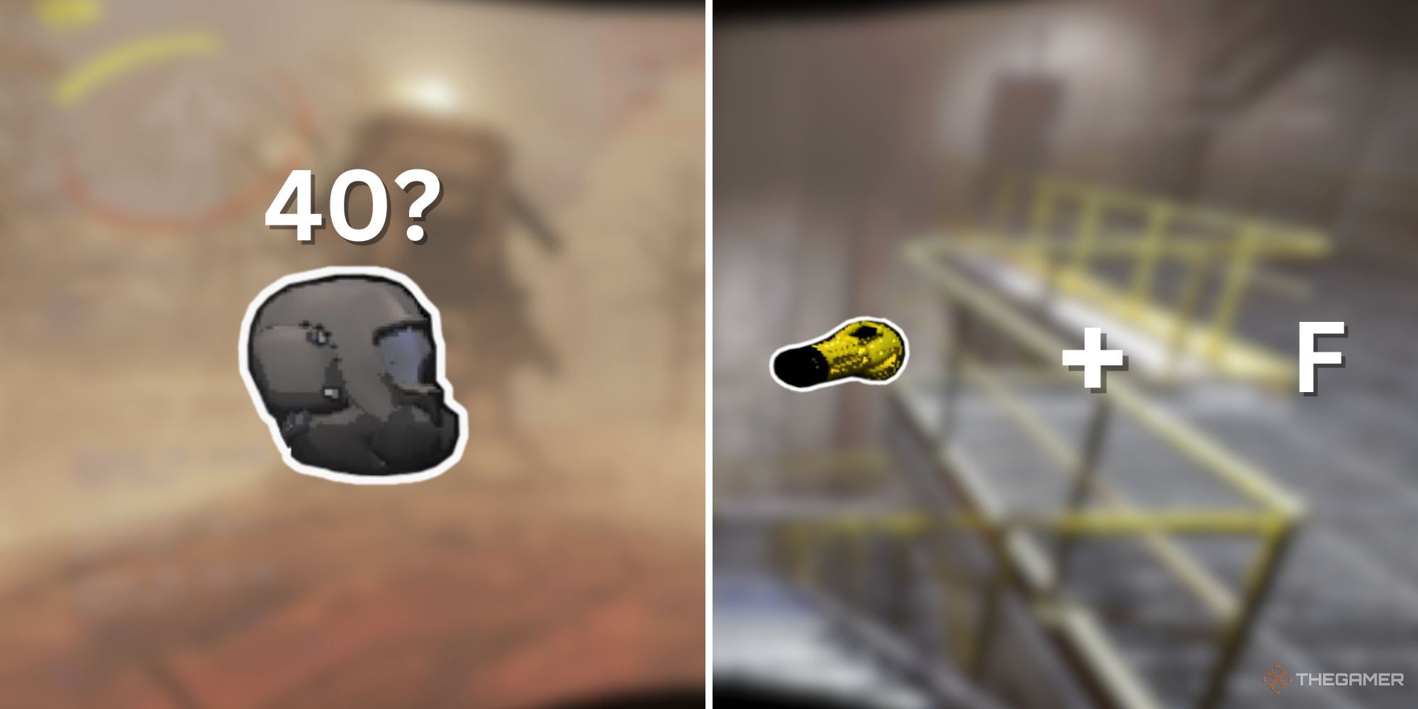 A split image of a floating, grey helmet with white text above it, and a cutout, yellow flashlight with a white plus sign and an 
