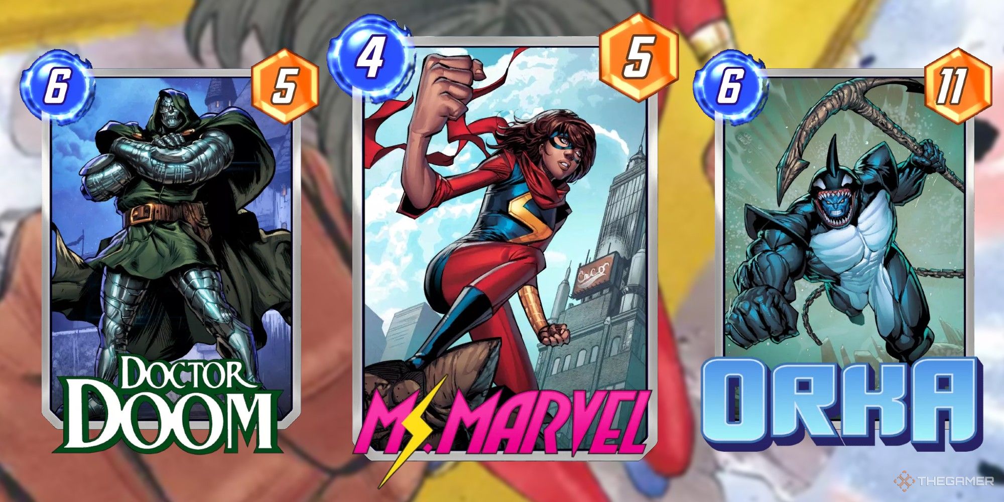 Marvel Snap Cards Doctor Doom, Ms. Marvel und Orka