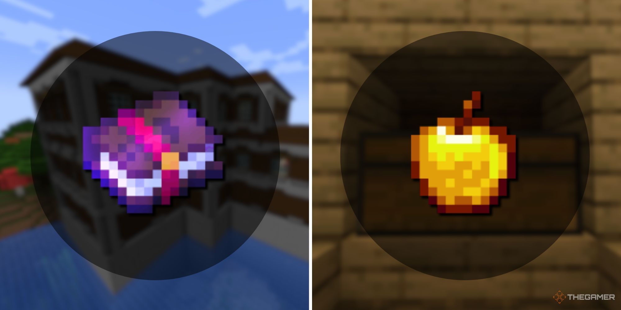 A split image of an enchanted book with a circular shadow and blurred woodland mansion behind it, and a golden apple with a circular shadow and blurred wooden chest behind it.