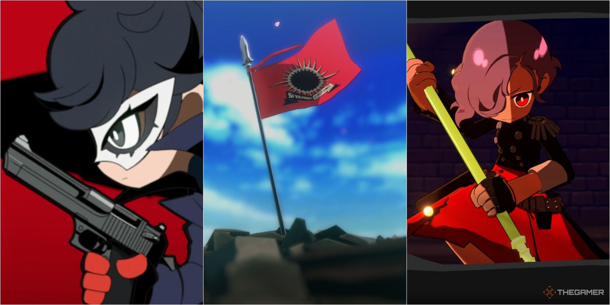 joker from the p5t intro, the flag, and erina planting the flag persona 5 tactica tips