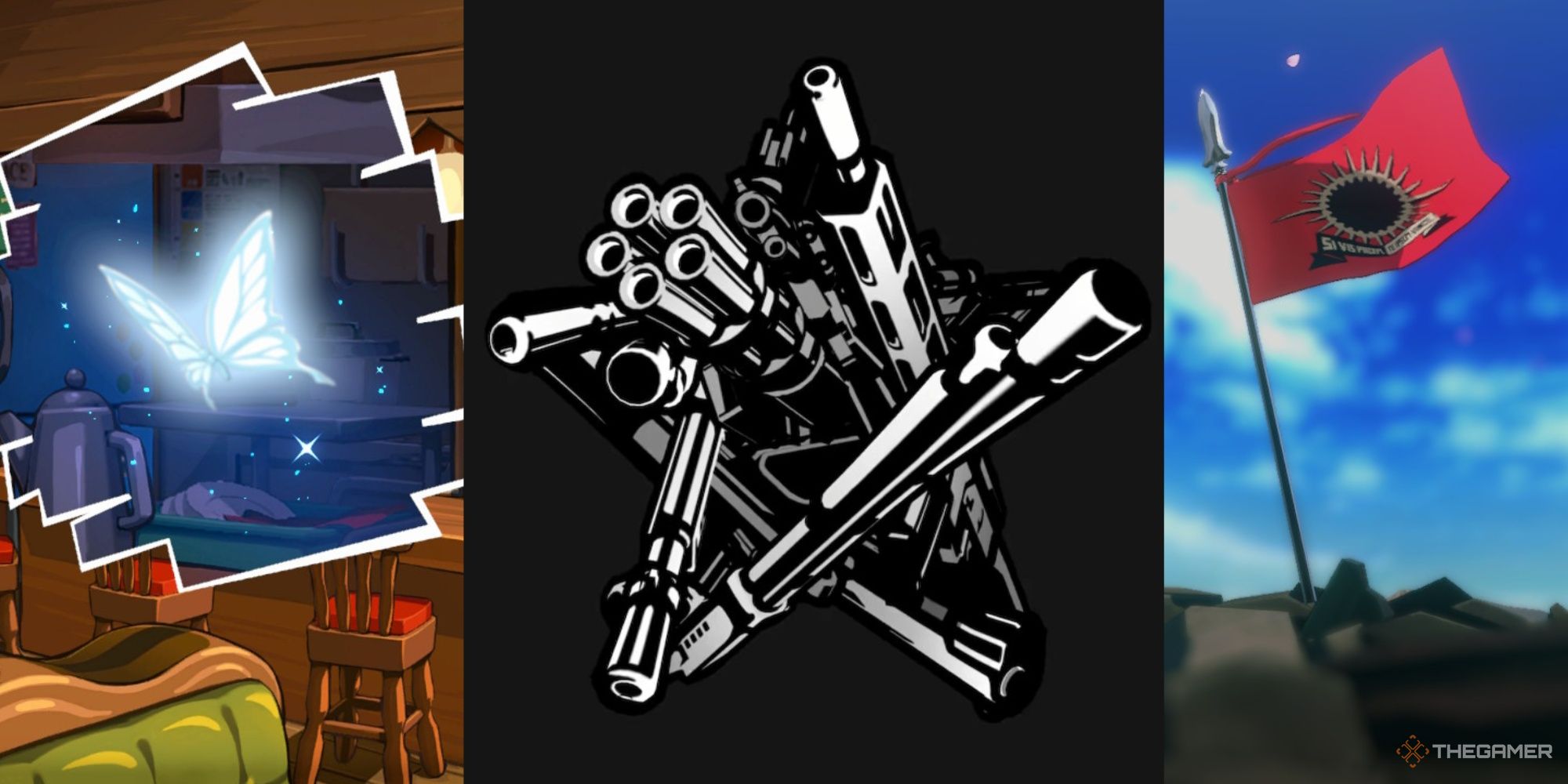 lavenza's blue butterfly, the gun star logo from quests, and erina's flag persona 5 tactica trophies achievements p5t