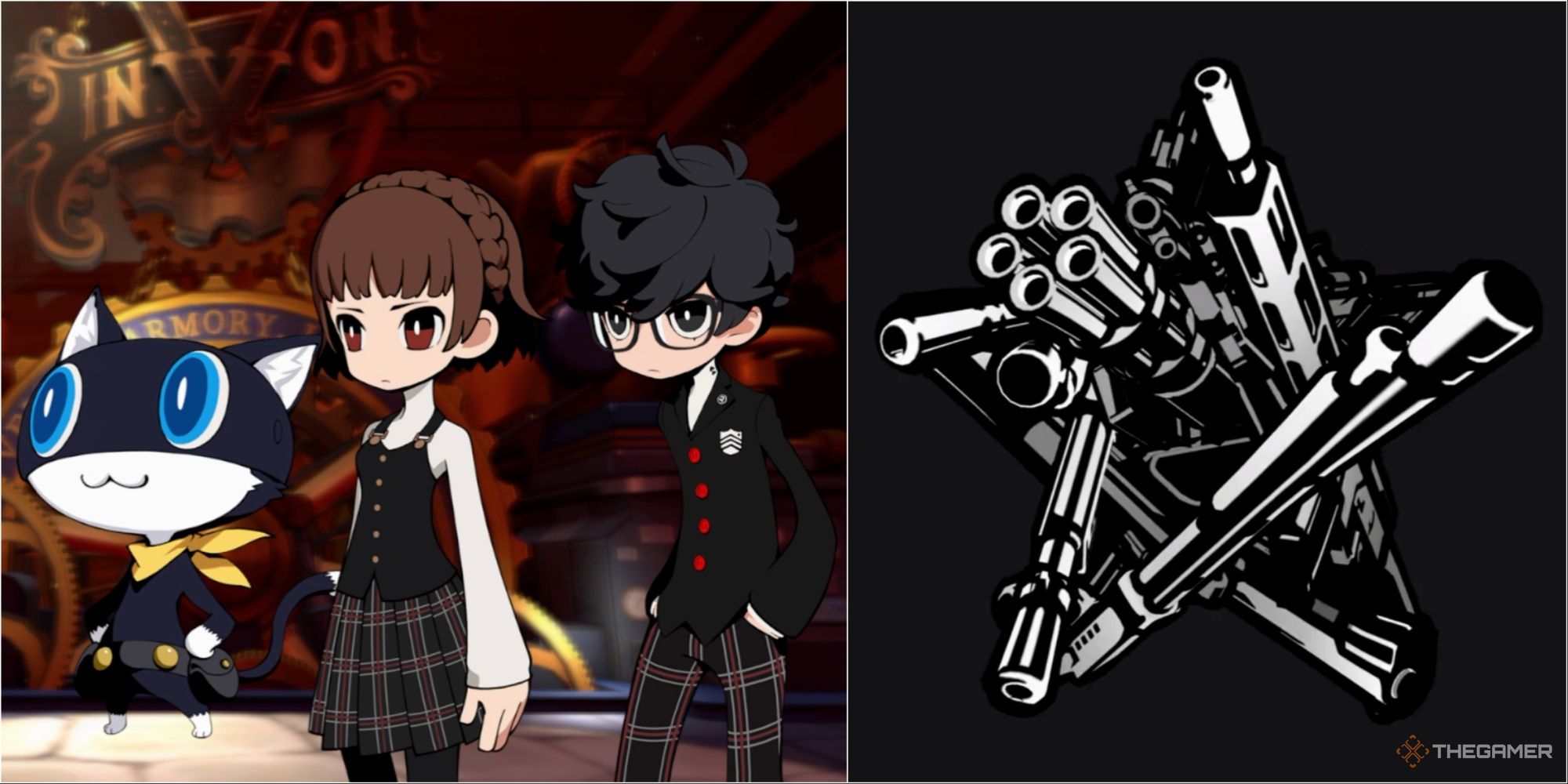 morgana, makoto, and joker in the velvet room and the gun star logo for quest 13 persona 5 tactica p5t q13 lavenza trial walkthrough
