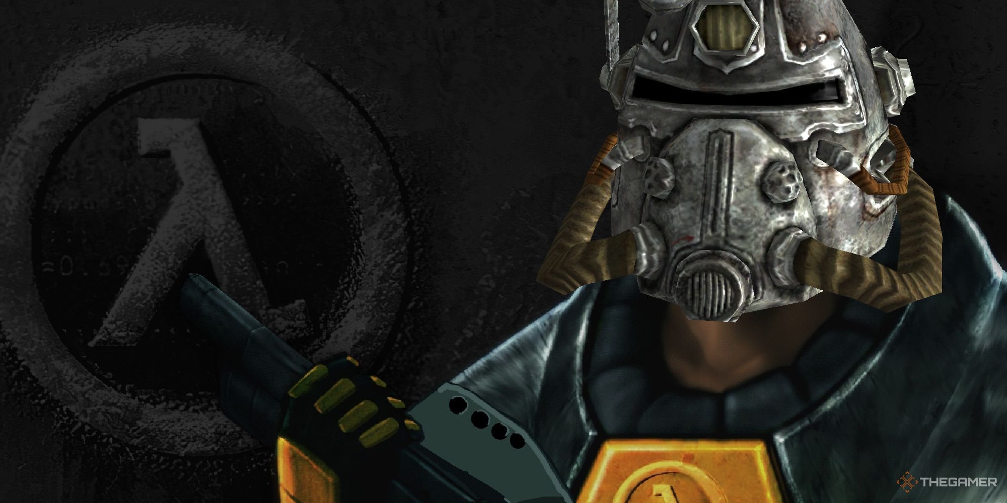 Original Half-Life cover art but Gordon Freeman is wearing a Power Armour helmet from Fallout 3