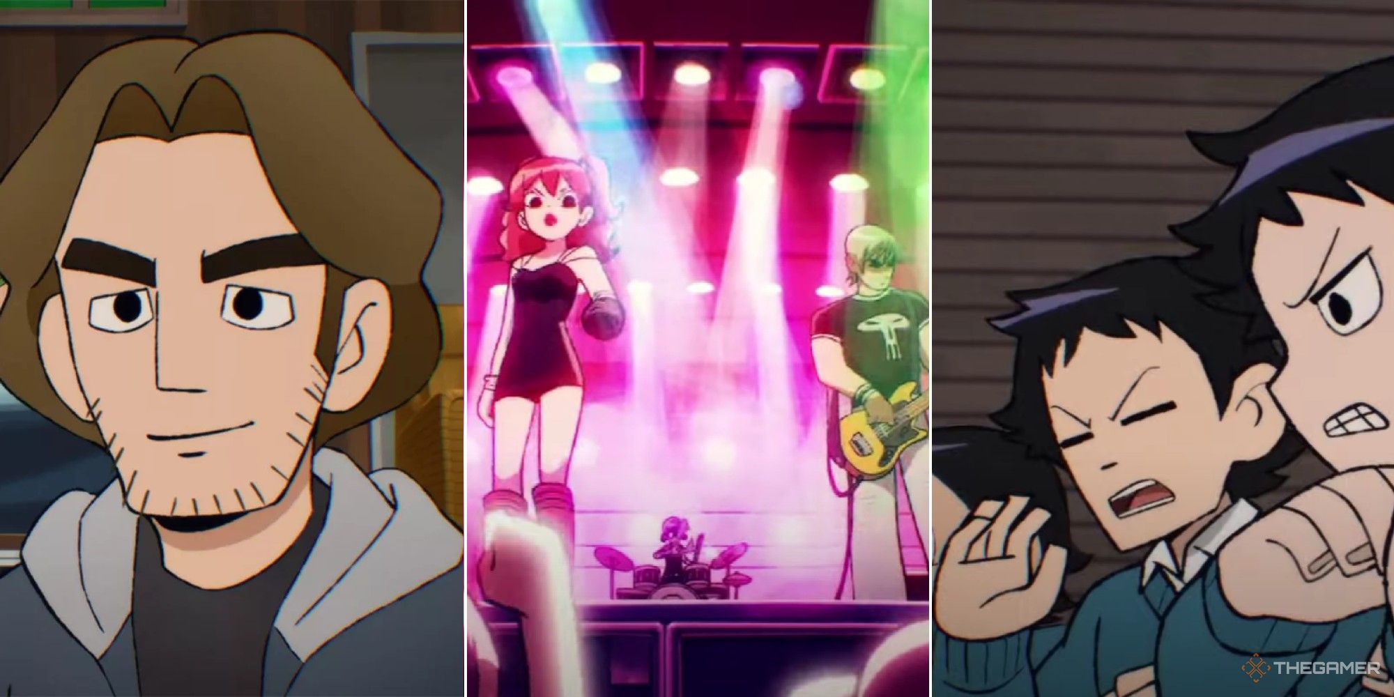 Scott Pilgrim takes off collage showing edgar wrong, clash at demon head and wallace stunt doubles