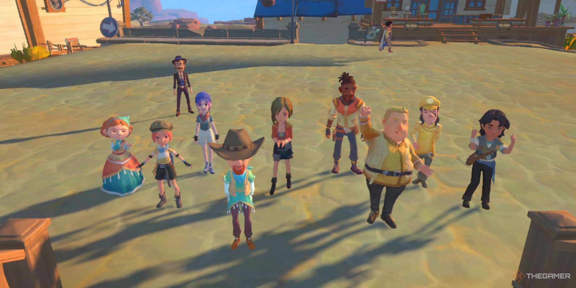 several characters gathered in the town square in my time at sandrock friendship