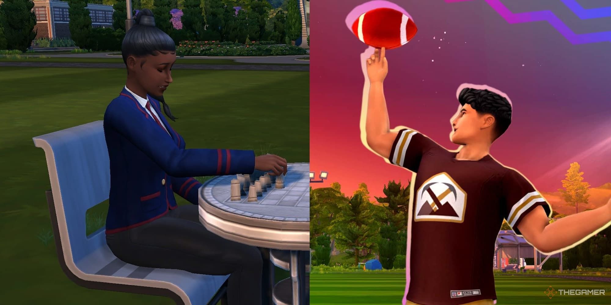 split image of 2 sims playing chess and football in sims 4 clubs