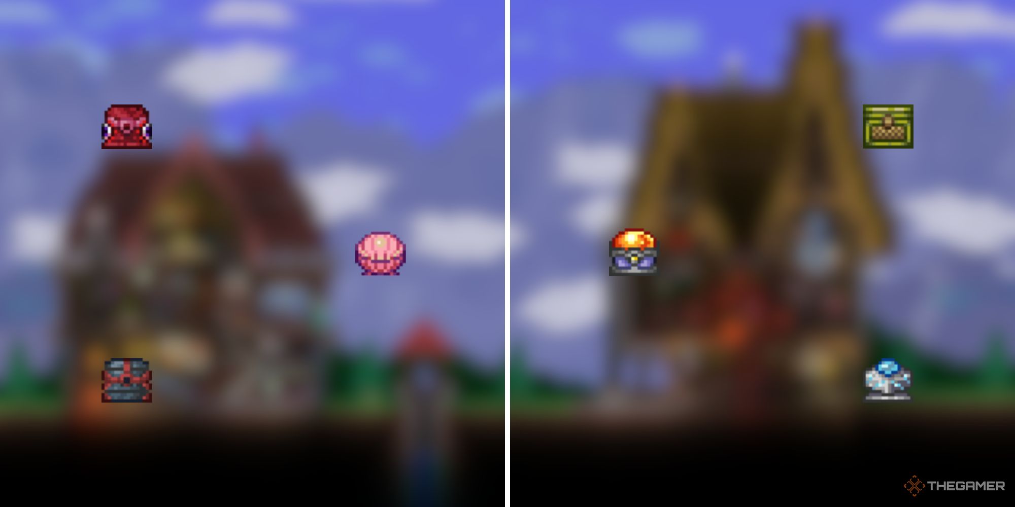 A split image of multicolored chests on each side, overlayed over two different blurred player-built homes.