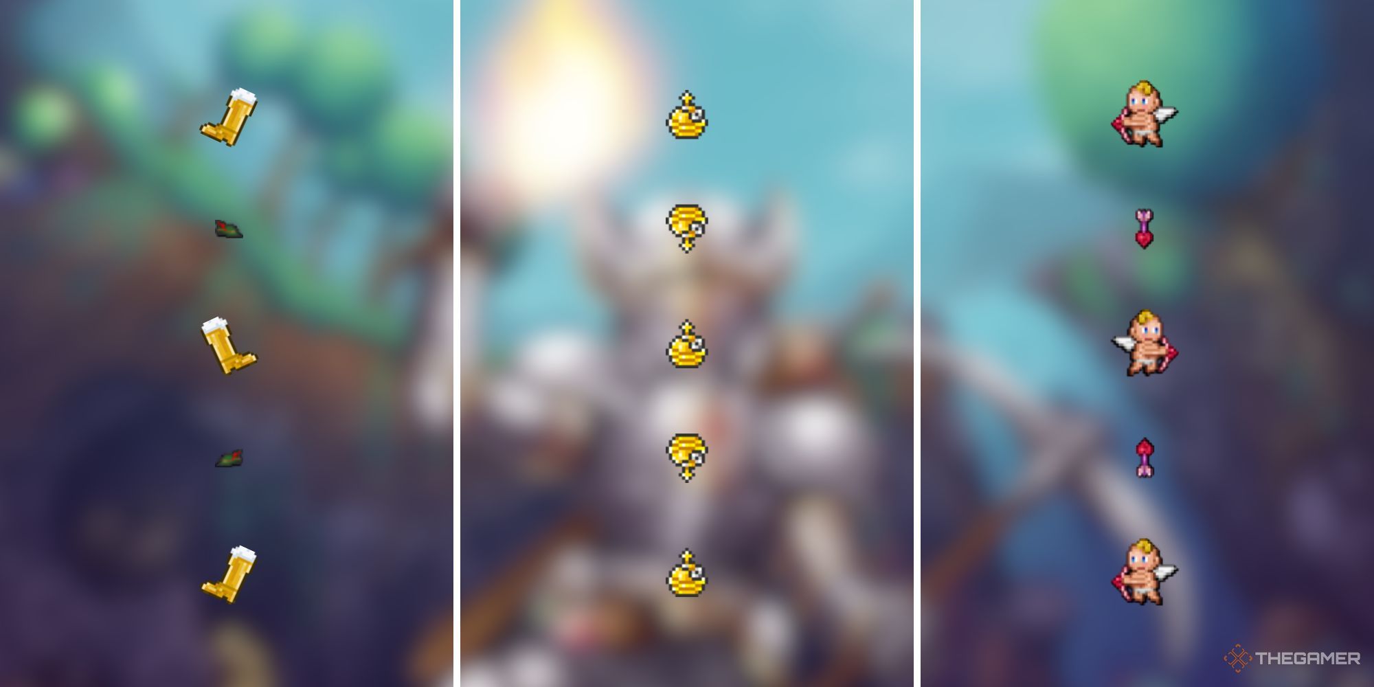 A split image of rows of Oktoberfest accessories, golden holy hand grenades, and Valentine's Day heart arrows and flying pets.