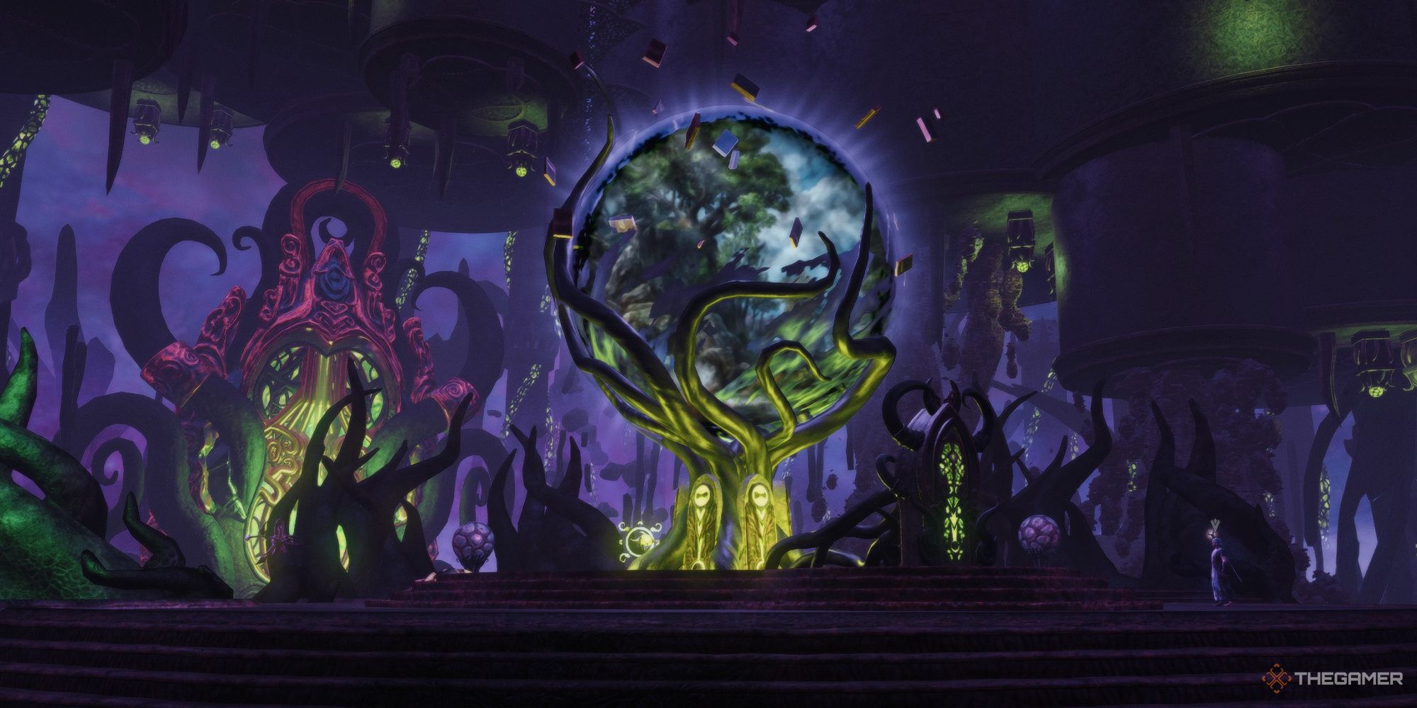 The Elder Scrolls Online Endless Archive room showing a globe in the center with visions of a tree