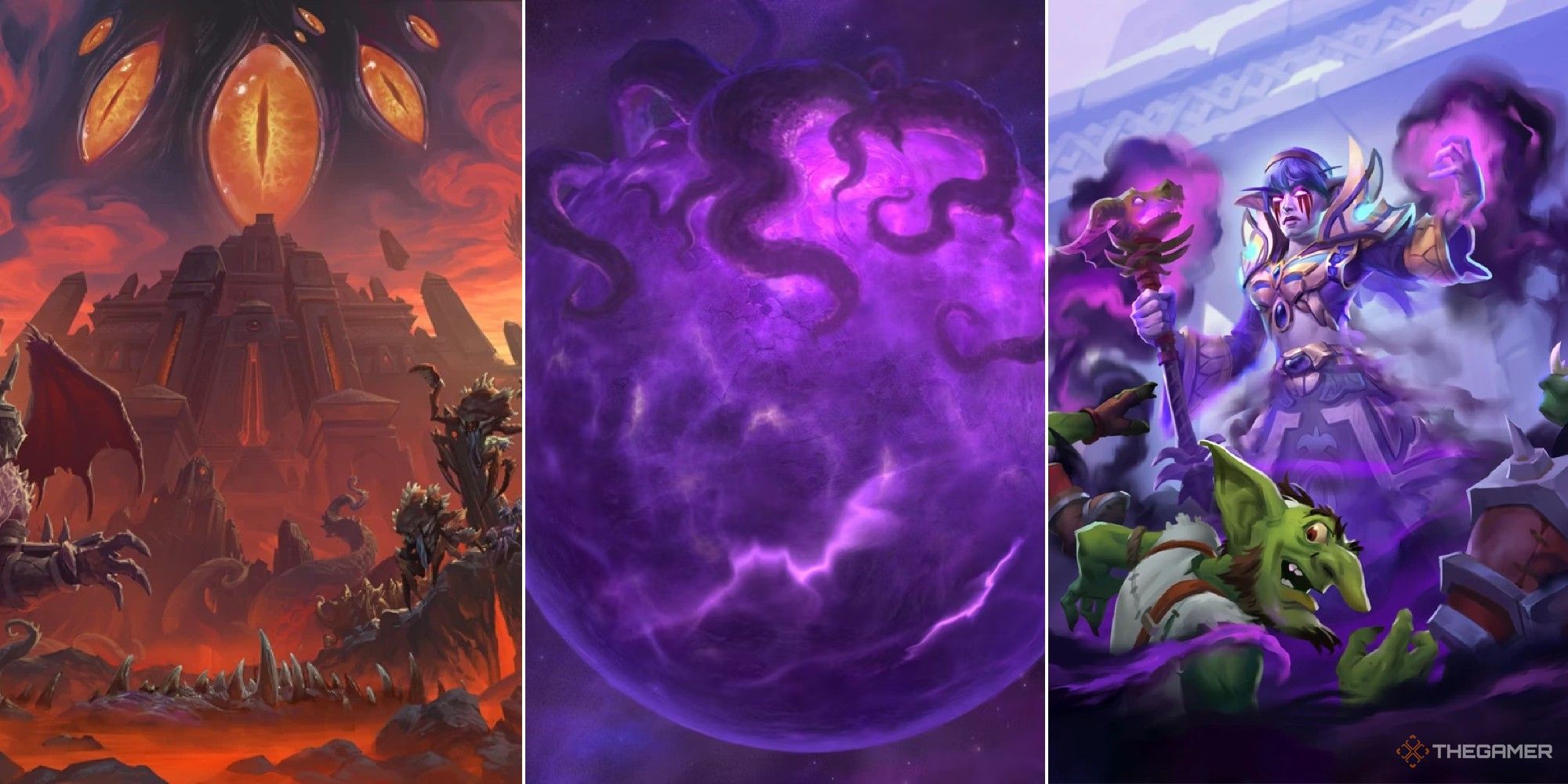 World of Warcraft collage showing the black citadel, a planet being corrupted and a shadow priest with goblins