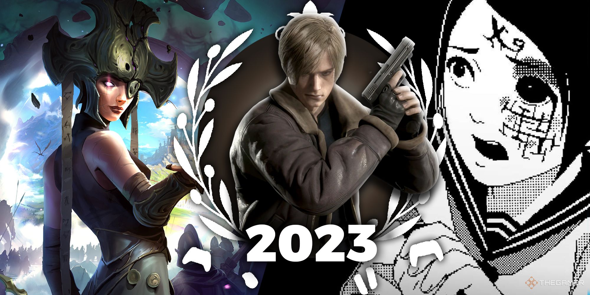 TheGamer's 2023 Editor's Pick laurels, featuring characters from Age of Wonders 4, Resident Evil 4 Remake, and World Of Horror
