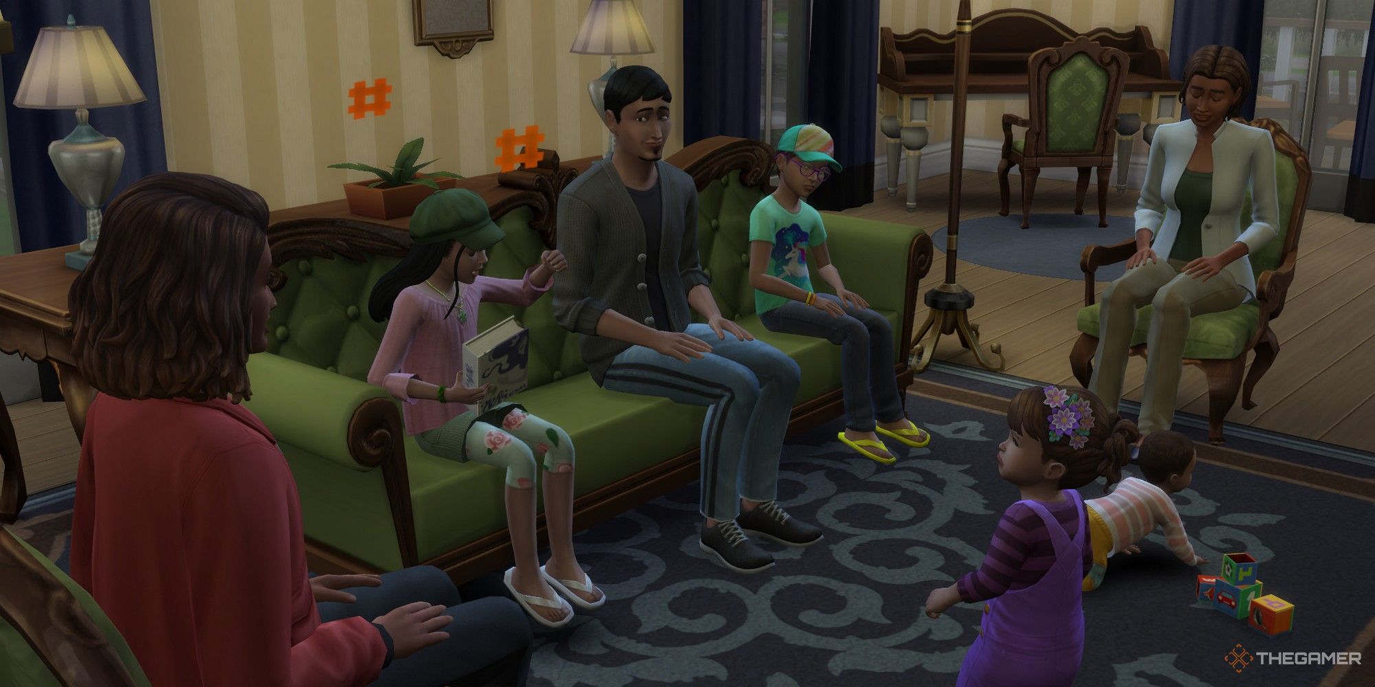 a family sitting together in the living room the sims 4