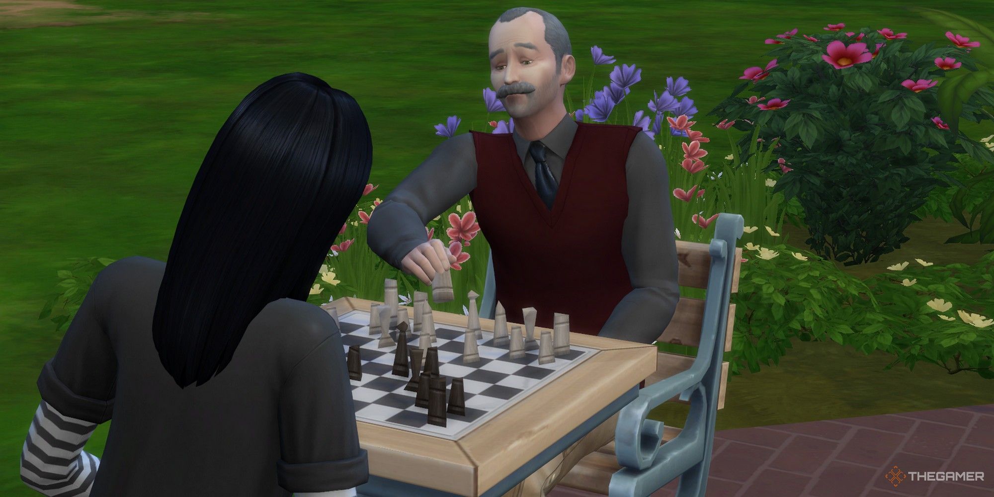 an elder sim and a younger sim playing chess the sims 4 logic skill