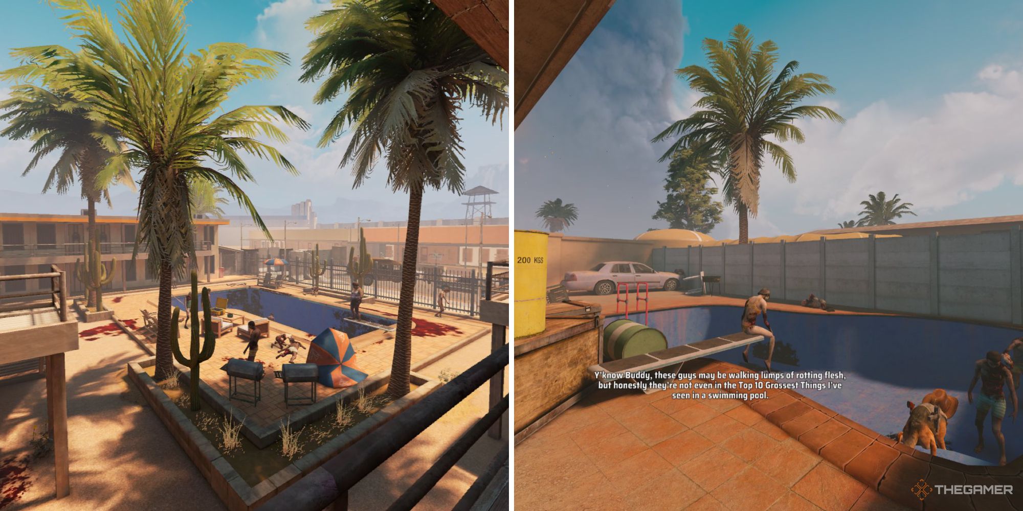Arizona Sunshine 2 gameplay of a motel pool with zombies and a backyard pool with zombies