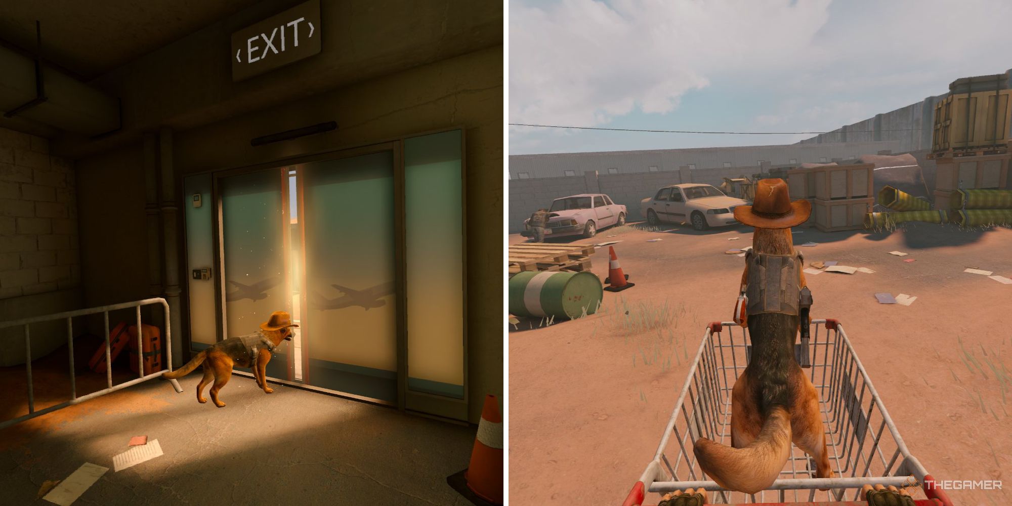 Arizona Sunshine 2 gameplay of Buddy the dog by an exit door and Buddy in a shopping cart
