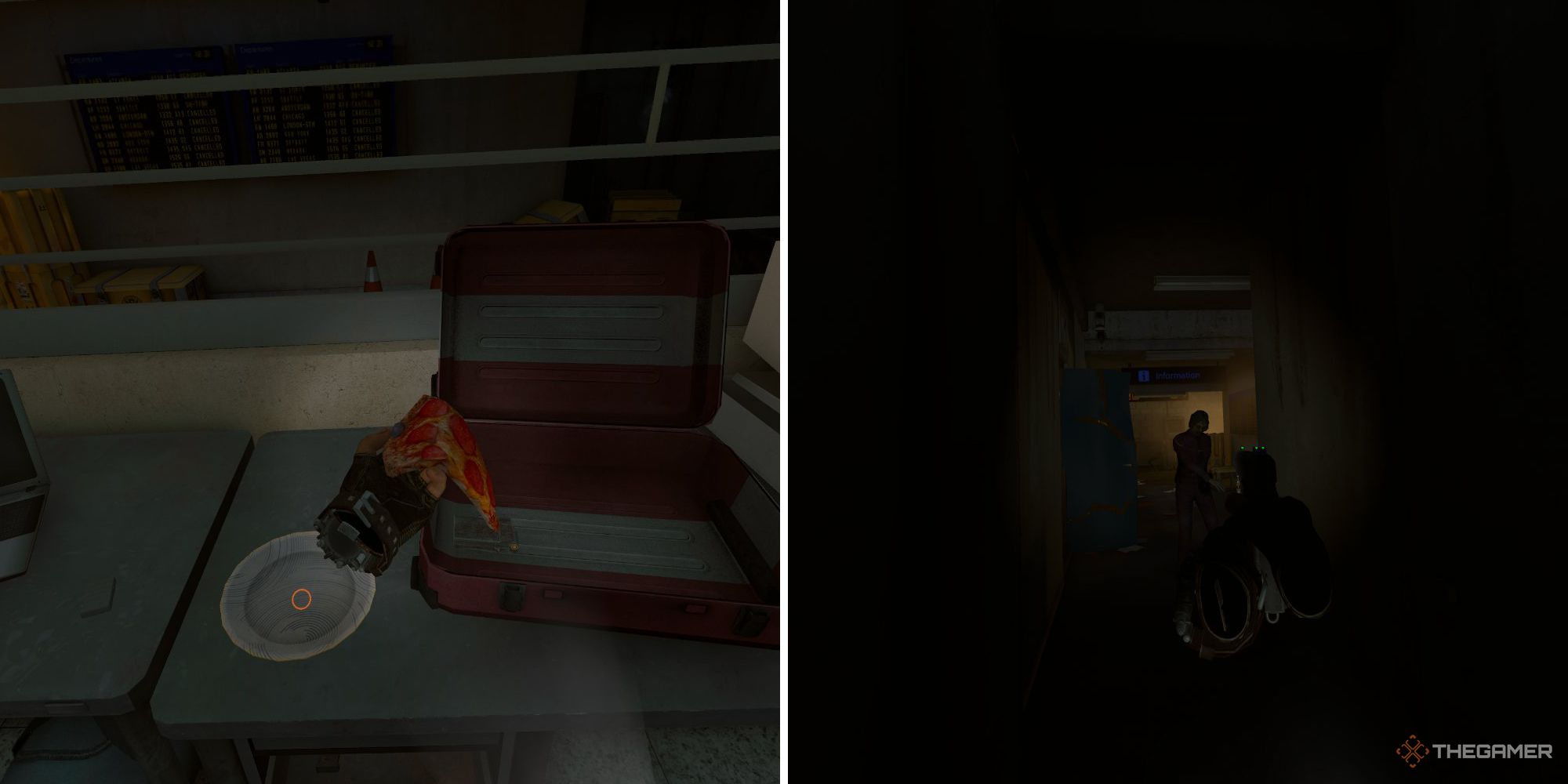 Arizona Sunshine 2 split image of gameplay holding a pizza and aiming at a zombie in a dark hallway