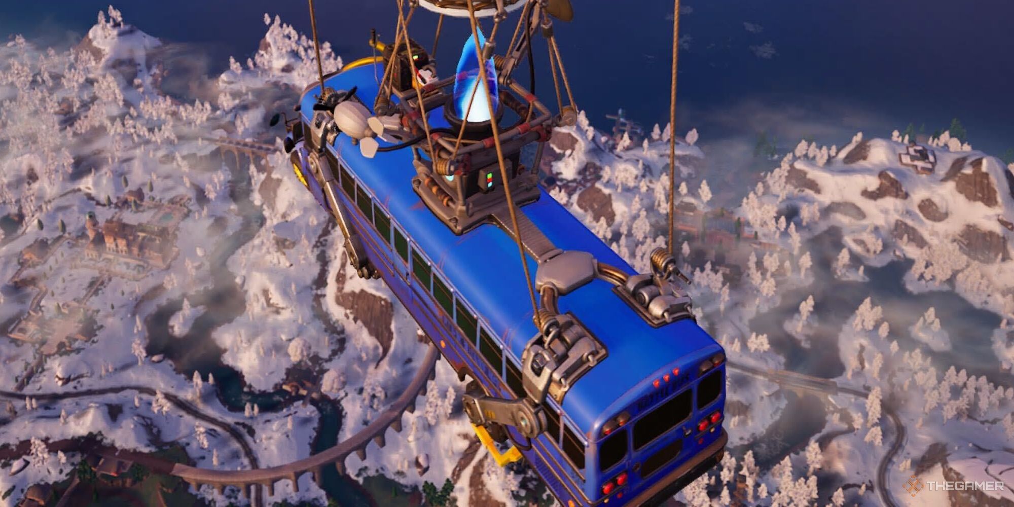 A screenshot from Fortnite Chapter Five, showing the battle bus flying over the snowy part of the island from above