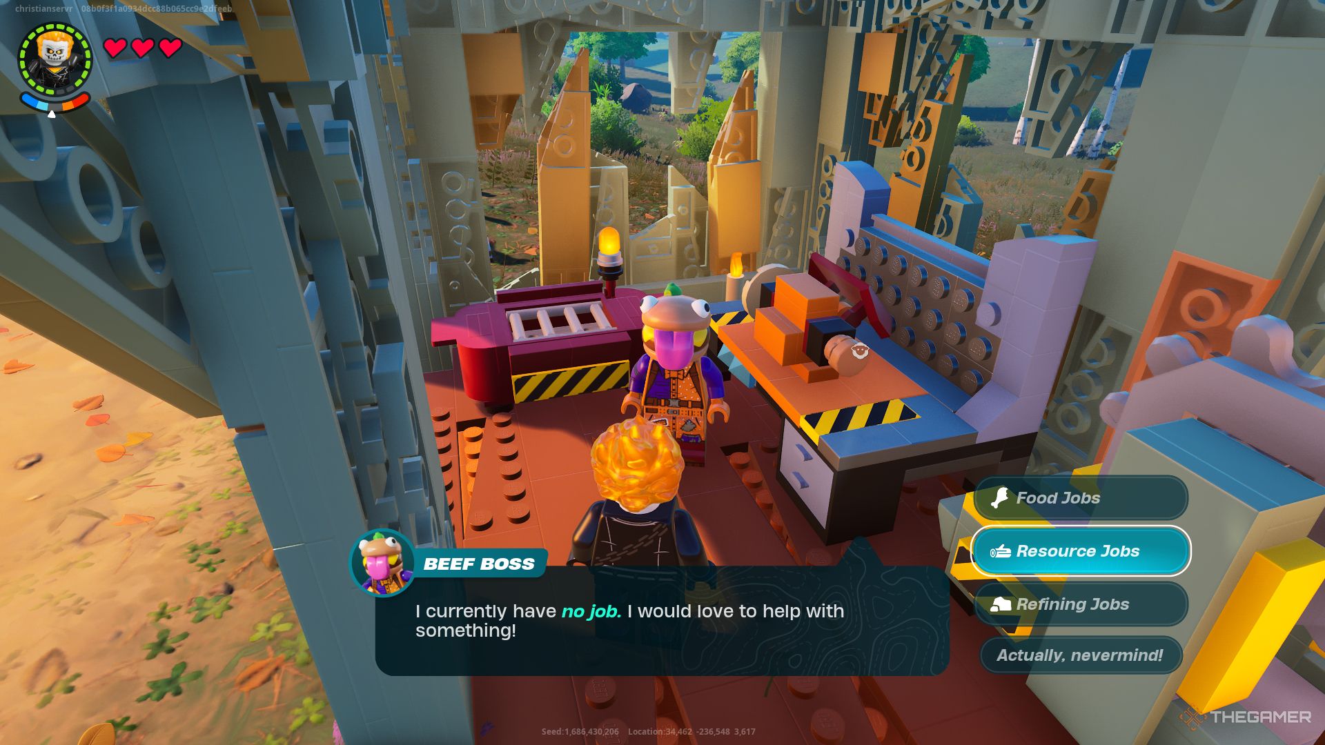 A screenshot from Lego Fortnite with the Ghost Rider figure talking to Beef Boss while the 'Resource Jobs' option is selected.