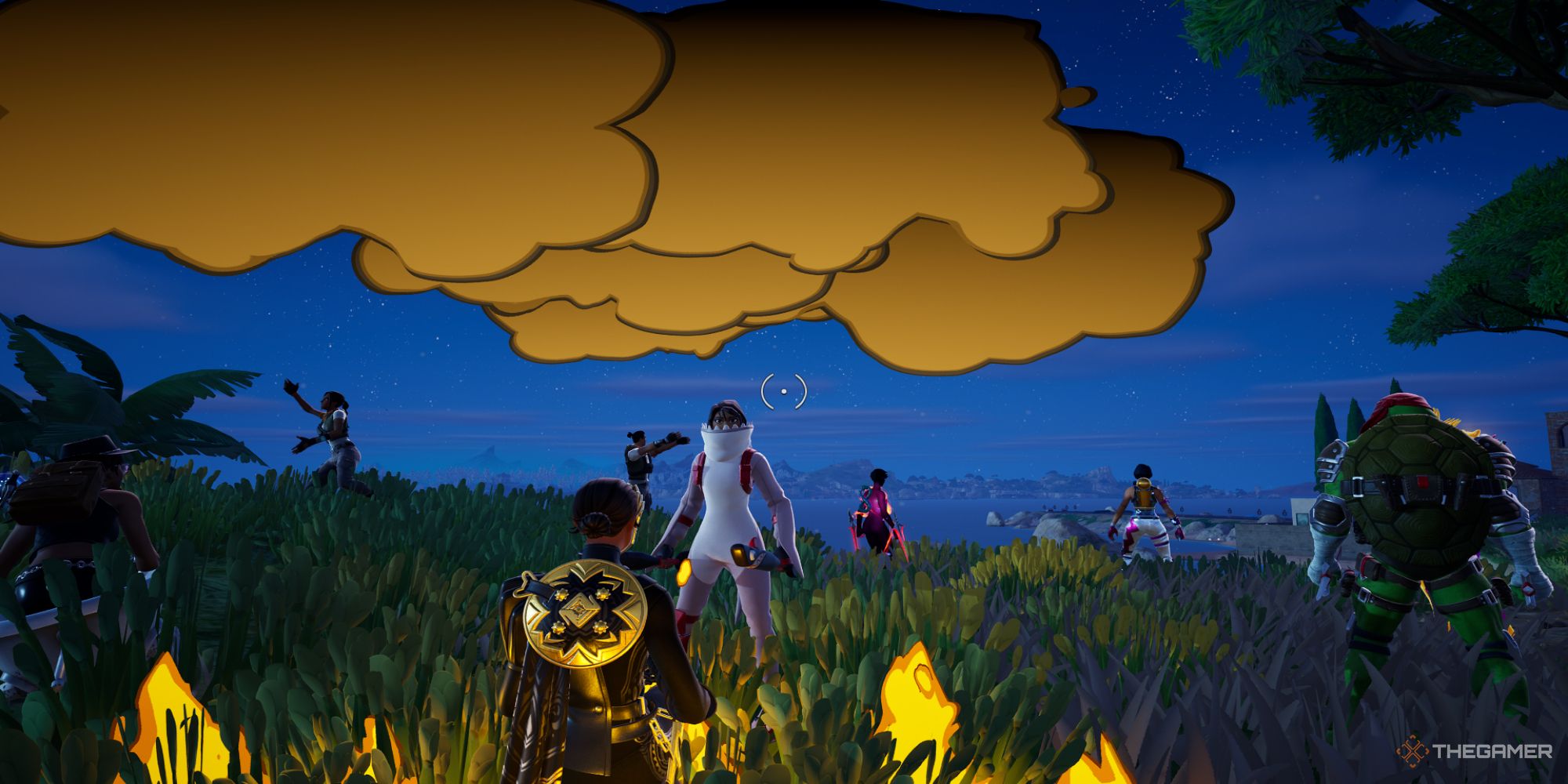 A screenshot from Fortnite showing several players standing next to each other in the lobby using emotes to communicate