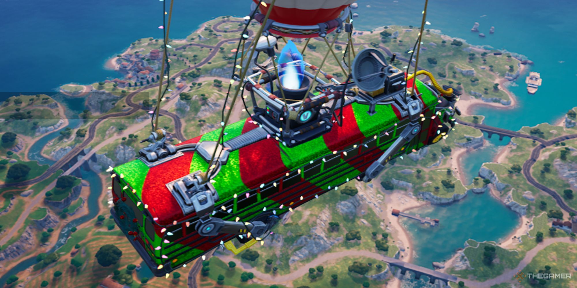 A screenshot from Fortnite Chapter Five's Winterfest Battle Bus, which is wrapped in green and red wrapping paper and decorated with white christmas lights