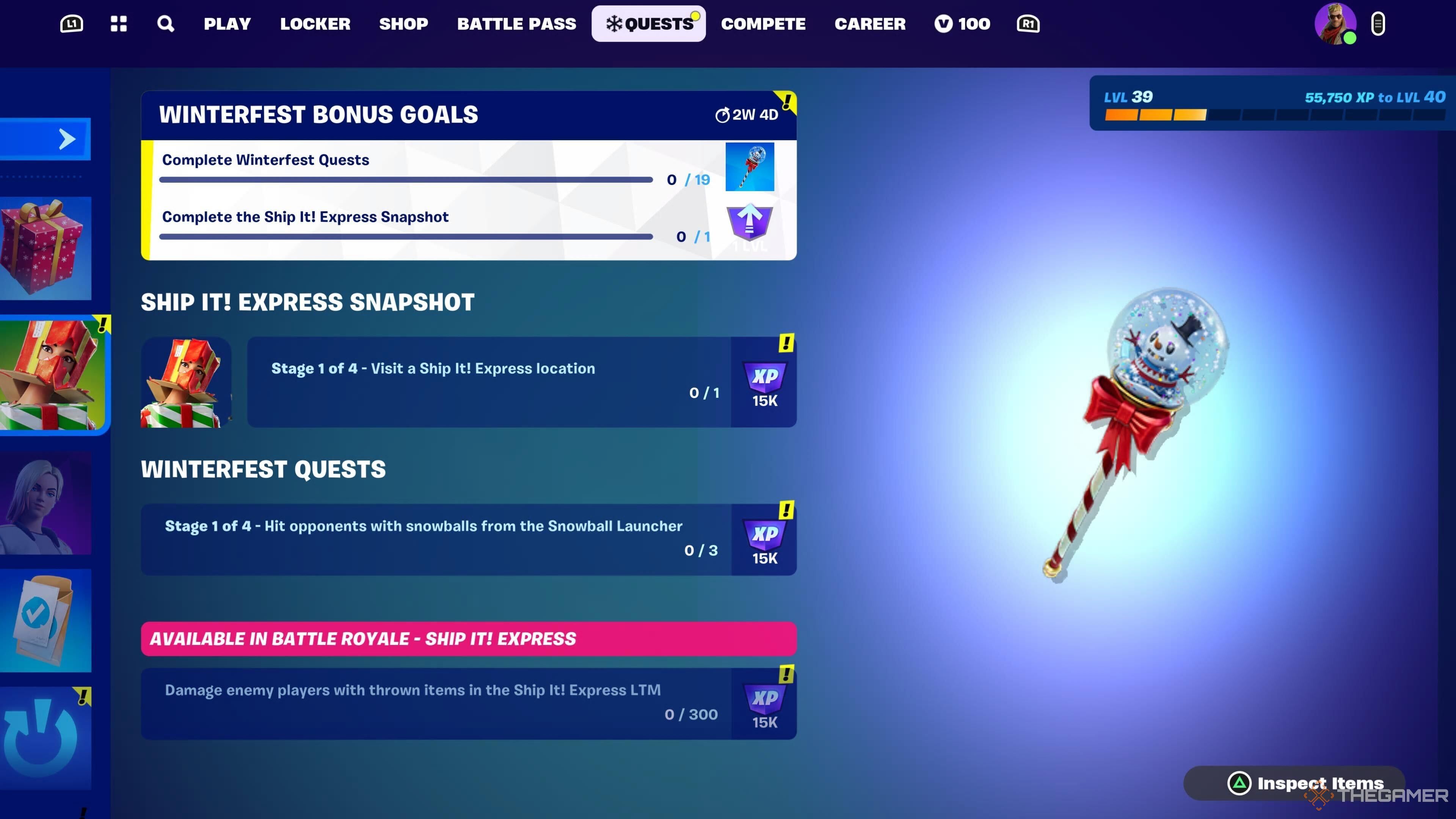 Ein Screenshot von Fortnite, der die Winterfest 2023-Quests zeigt, einschließlich „Besuch bei Ship It!“  Express-Standorte, triff Gegner mit Schneebällen aus dem Schneeballwerfer und füge gegnerischen Spielern mit geworfenen Gegenständen im Ship It!-Modus Schaden zu.  Express-Spielmodus