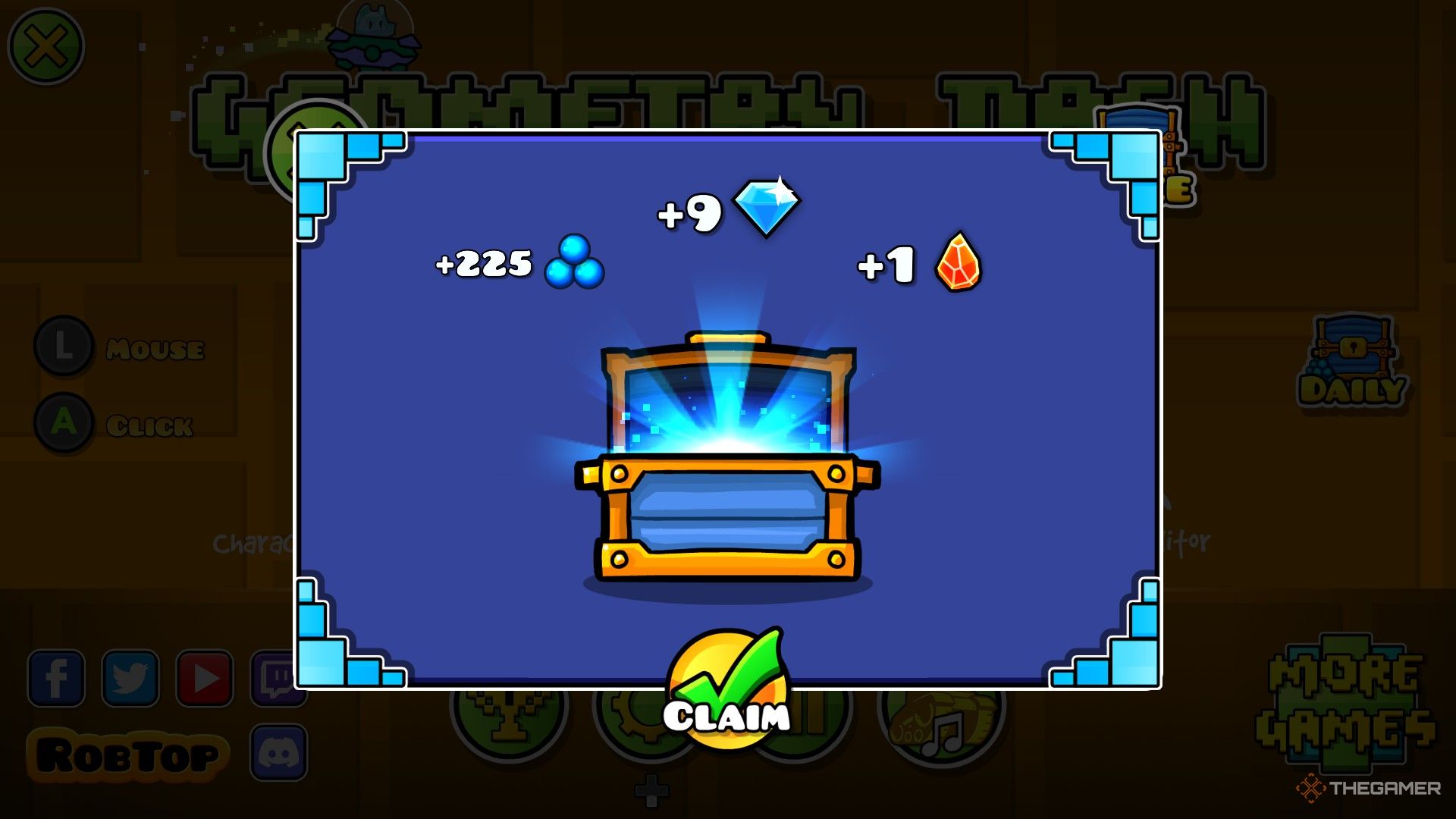 Ein Screenshot von Geometry Dash zeigt eine geöffnete Truhe mit einer anderen Währung, darunter 225 der Basiswährung, neun Diamanten und einen Feuersplitter