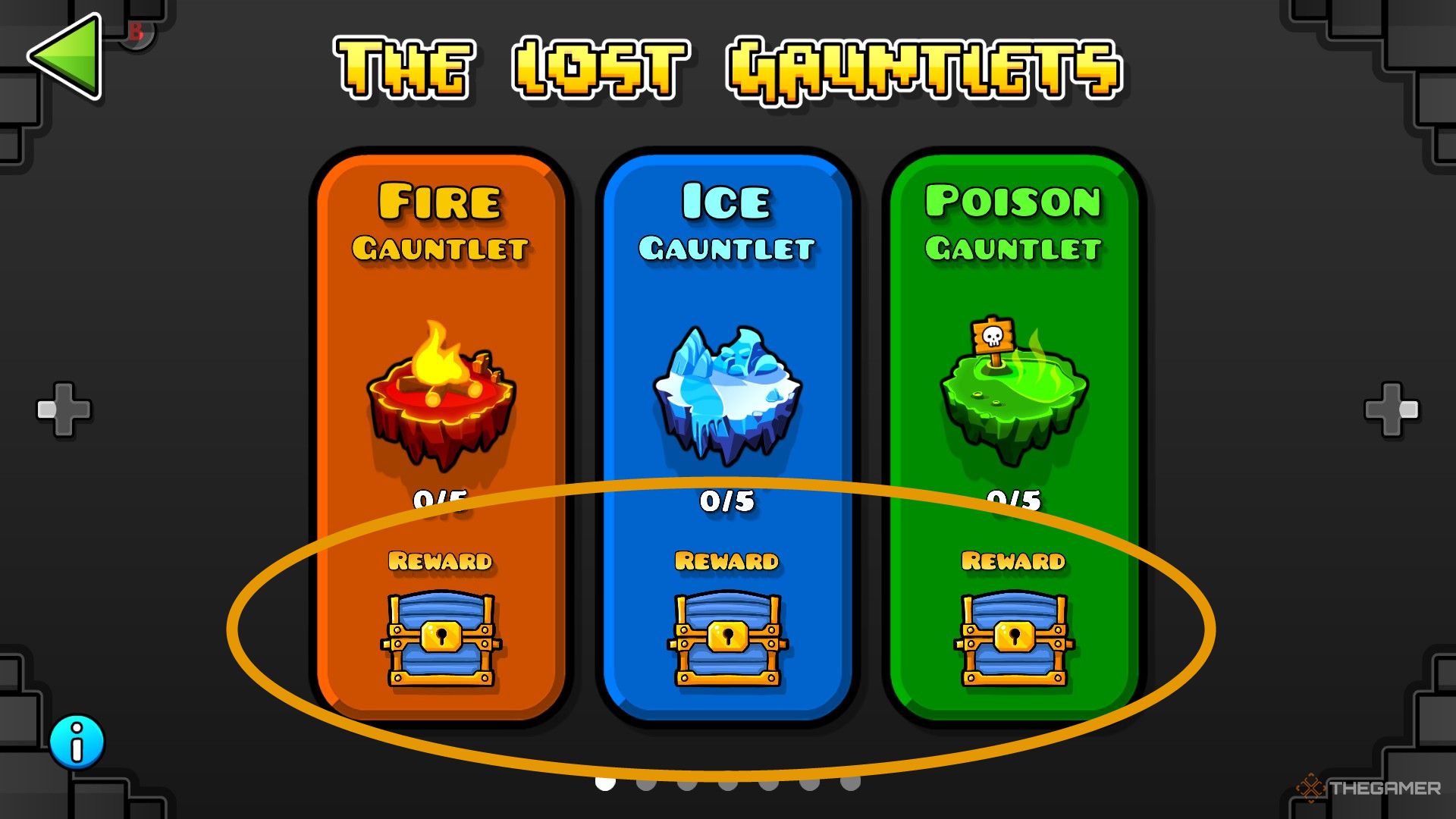 Ein Screenshot von Geometry Dash, der den Bildschirm „The Lost Gauntlet“ mit einem Feuer-, Eis- und Gifthandschuh zeigt.  Am unteren Rand jedes Handschuhs befindet sich ein orangefarbener Kreis um die Truhe